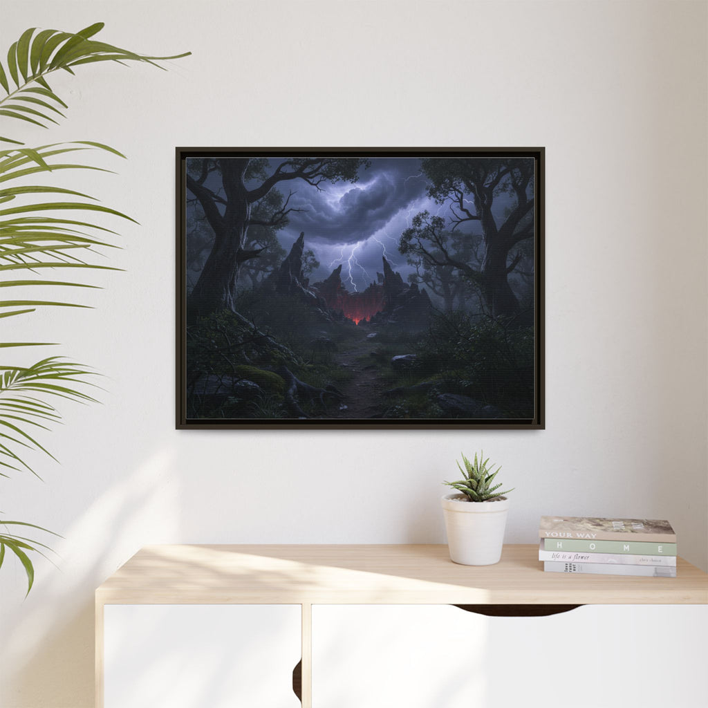 Dark Storm Forest Framed Canvas Print — Lightning, Haunted Castle Art