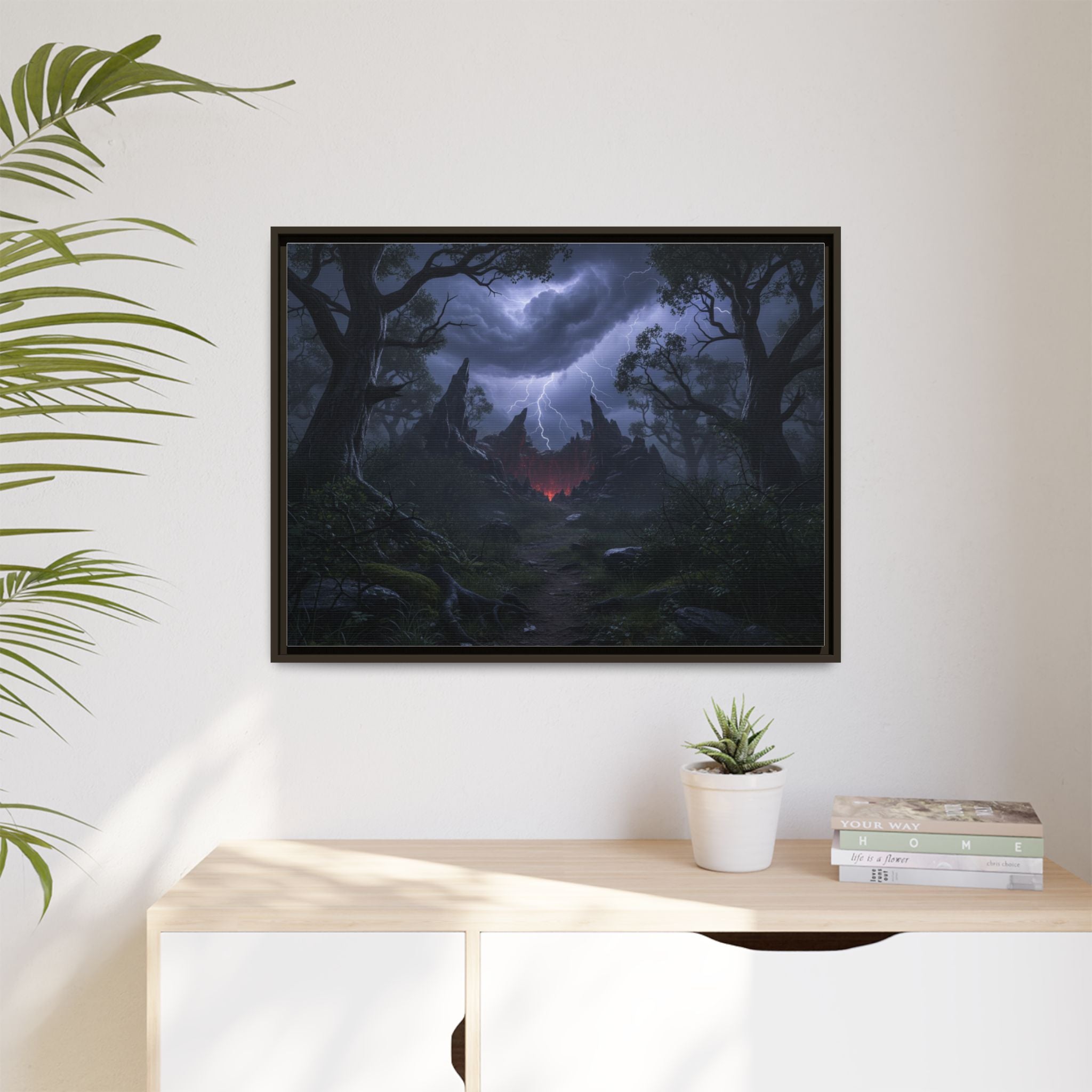 Dark Storm Forest Framed Canvas Print — Lightning, Haunted Castle Art