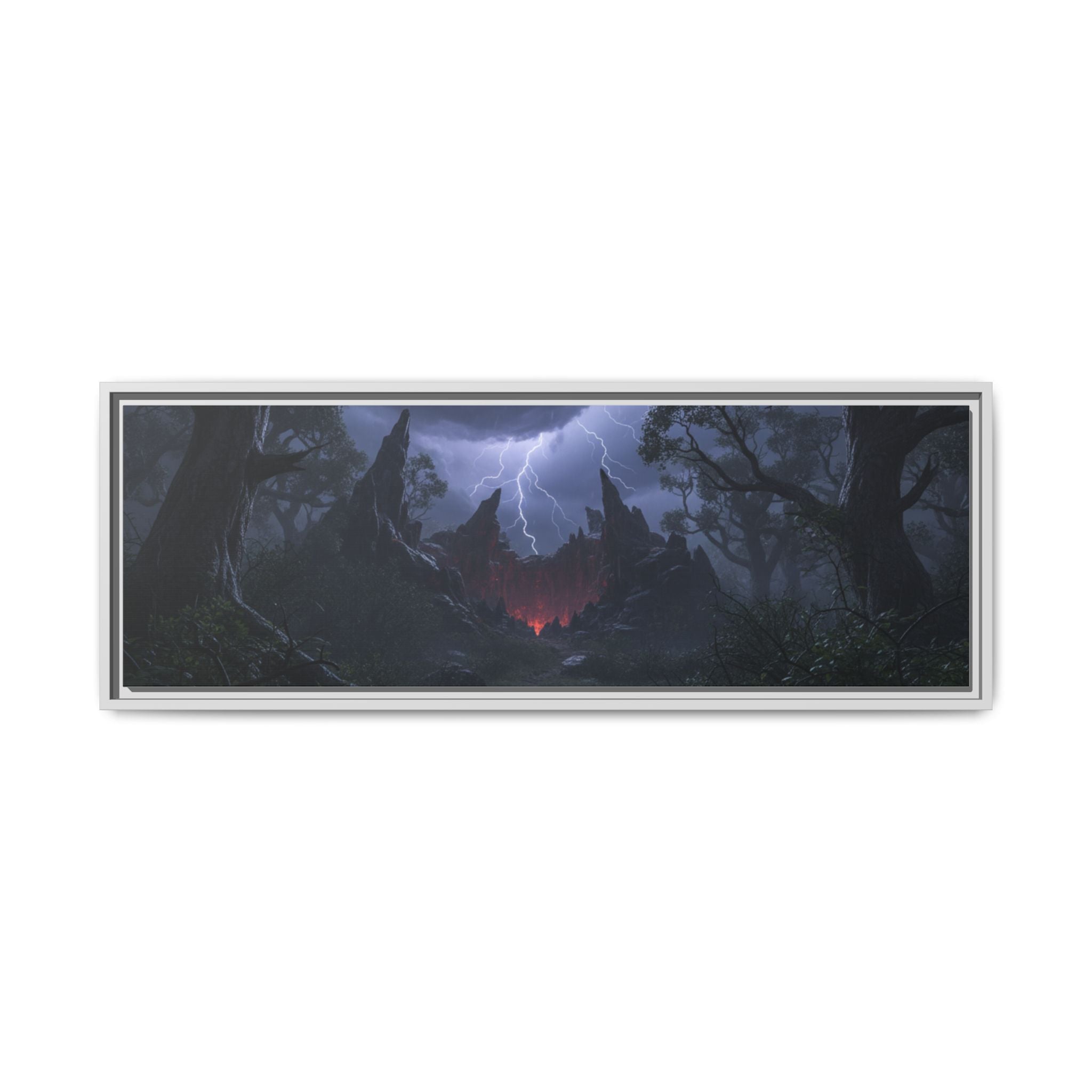 Dark Storm Forest Framed Canvas Print — Lightning, Haunted Castle Art