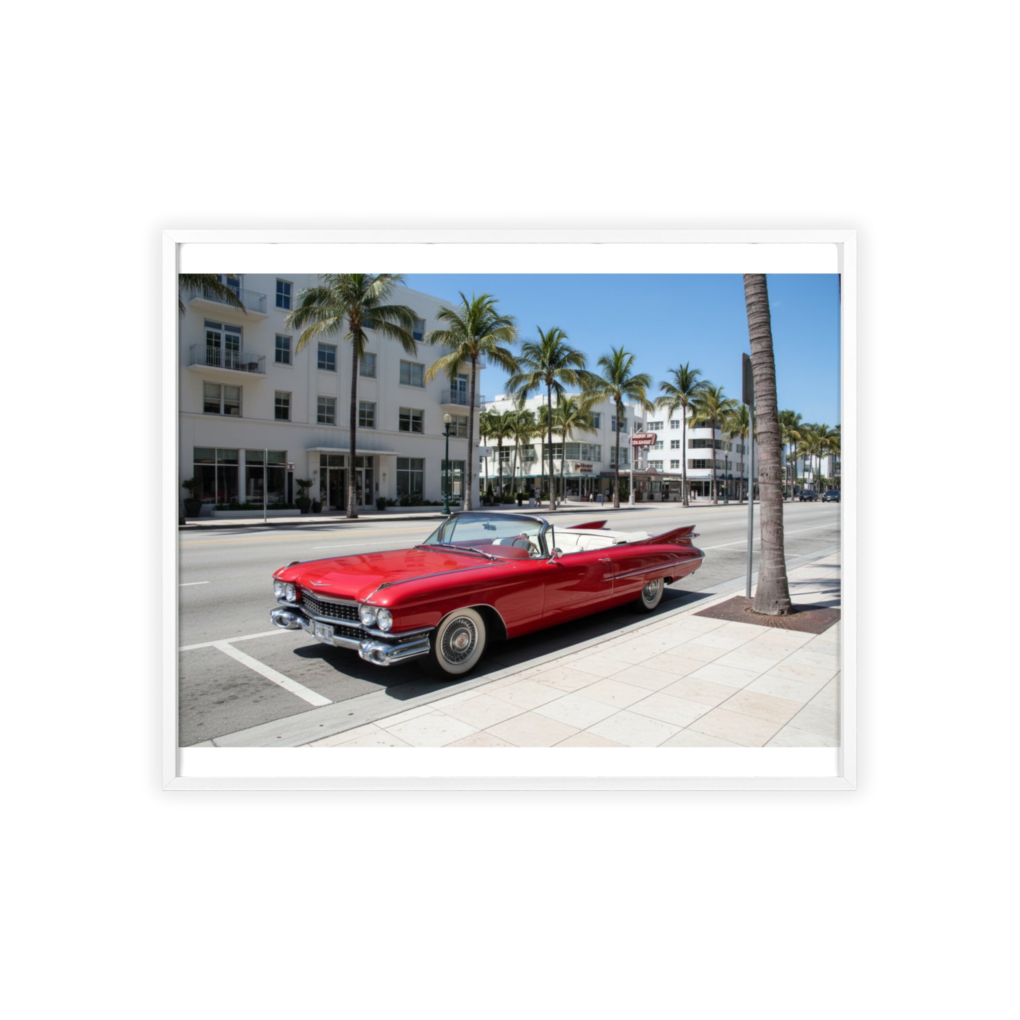 Retro Red Convertible Palm Beach Poster with Wooden Frame