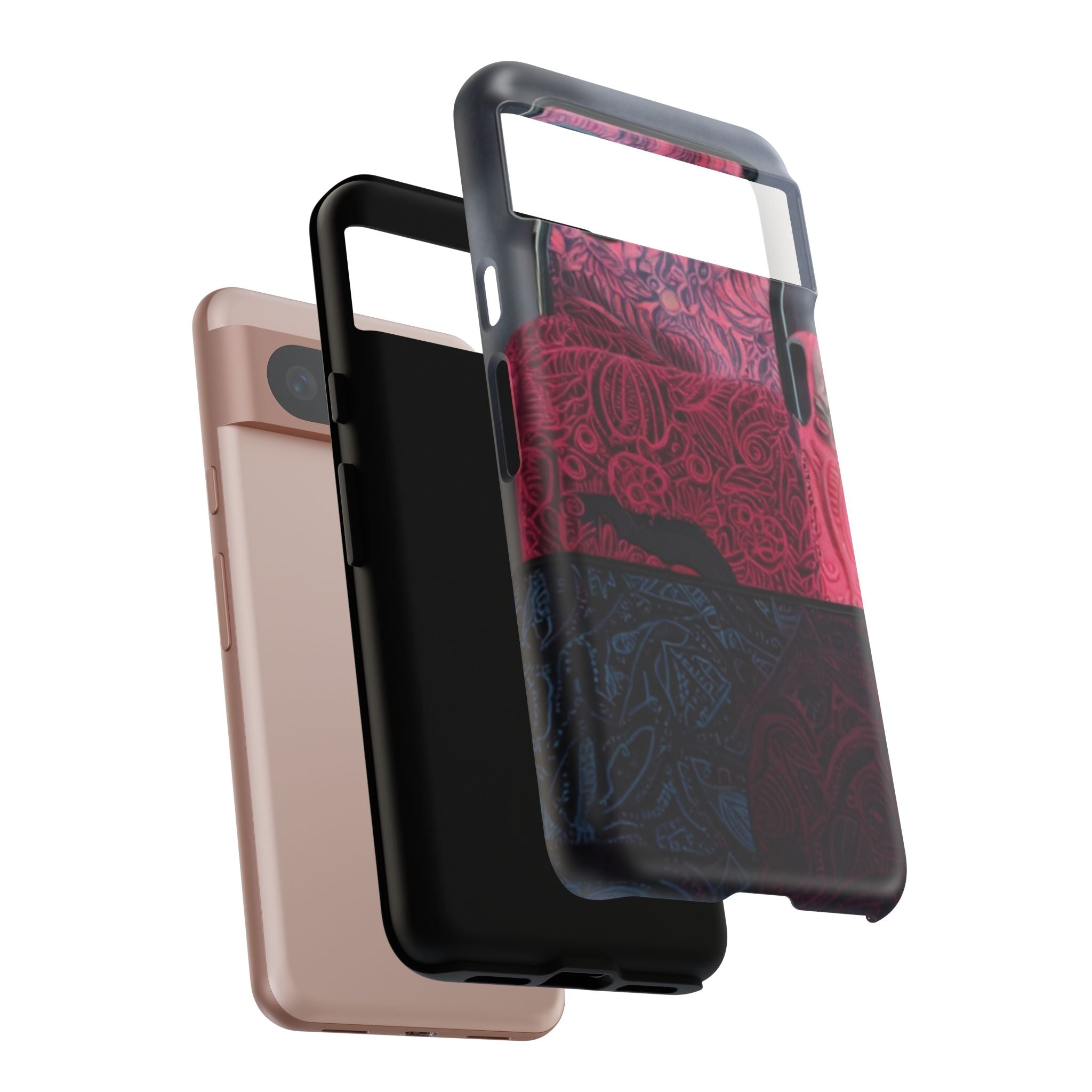 Floral Patchwork Tough Phone Case — Pink & Navy Doodle Design