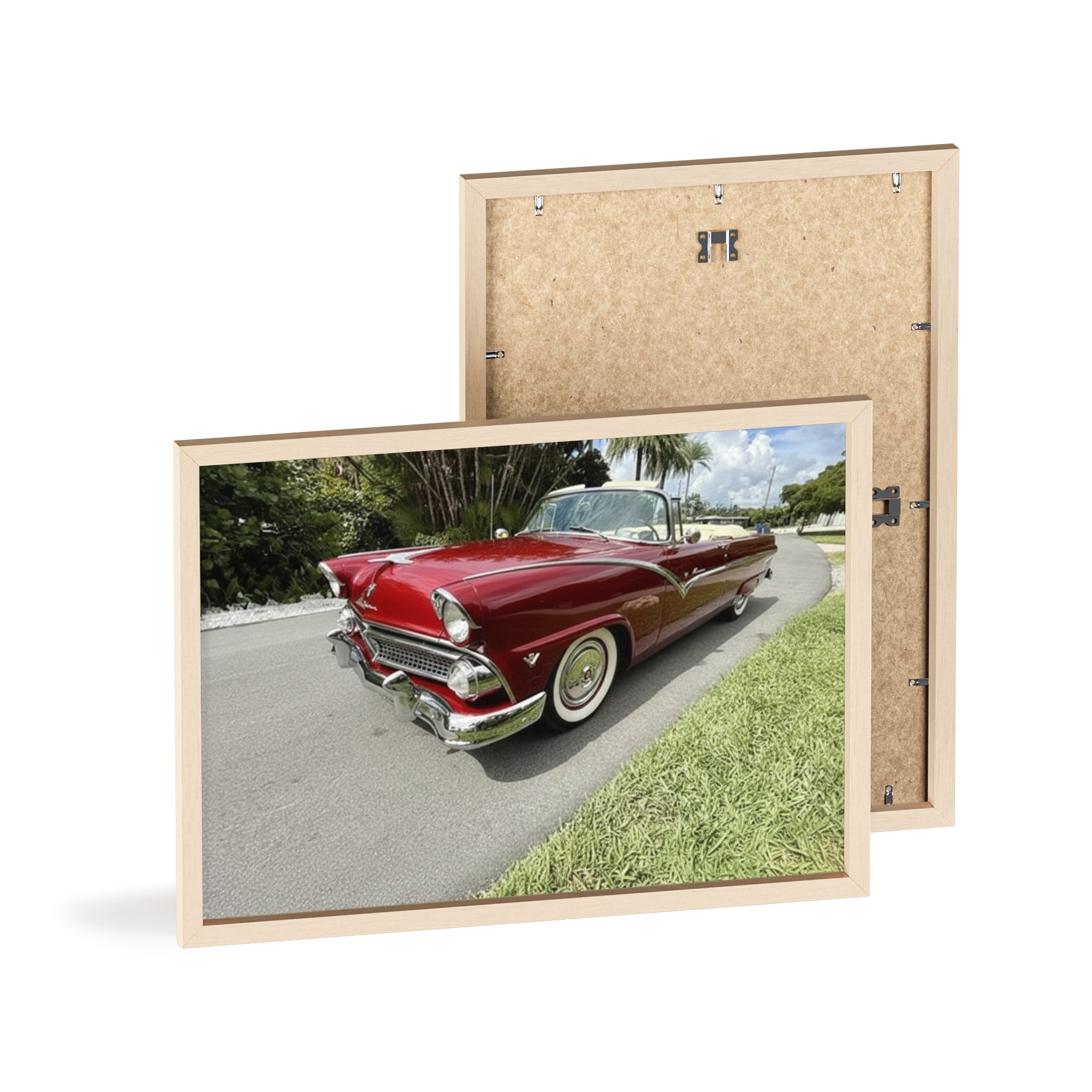 Vintage Red Convertible Poster with Wooden Frame — Classic Car Wall Art