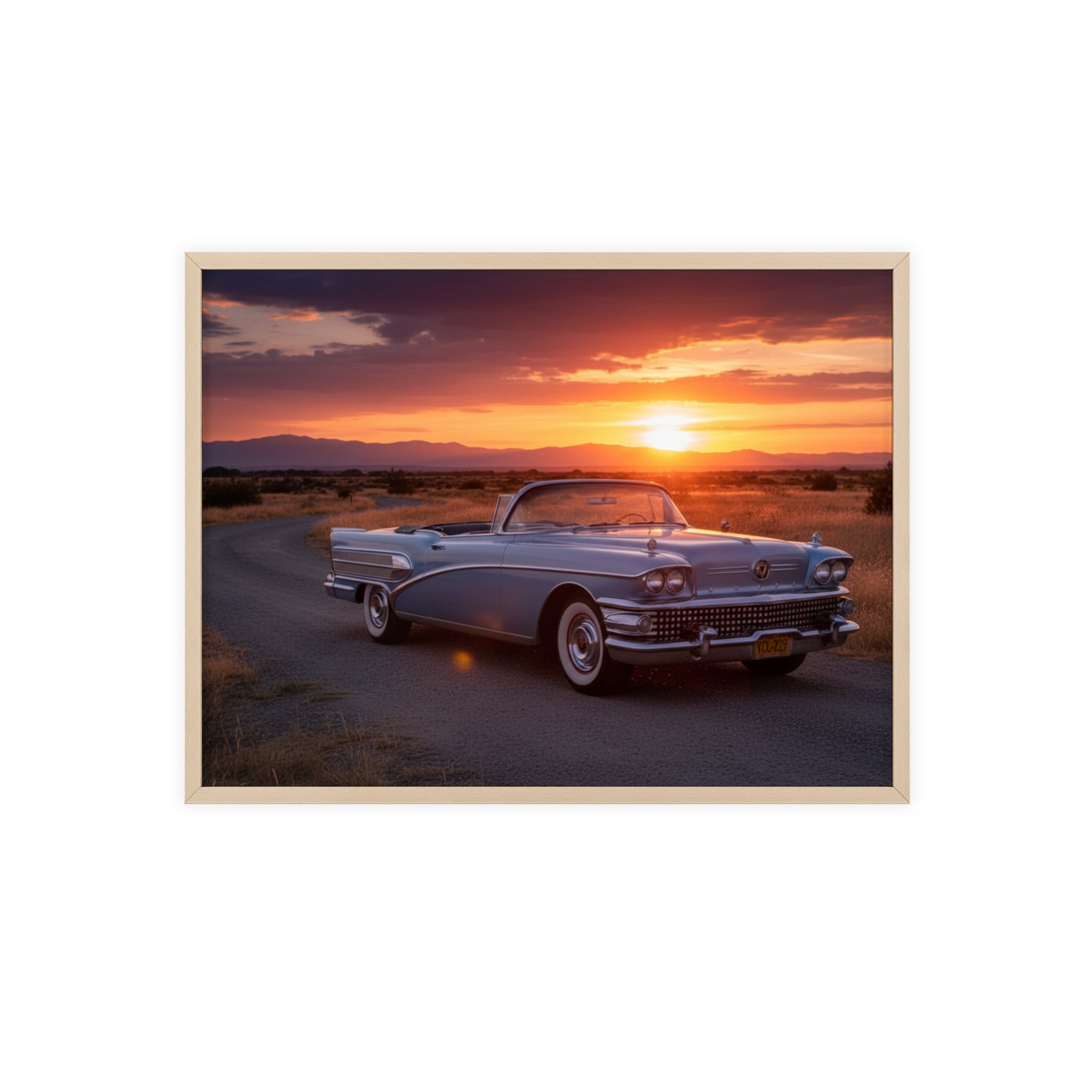 Vintage Convertible Sunset Poster with Wooden Frame