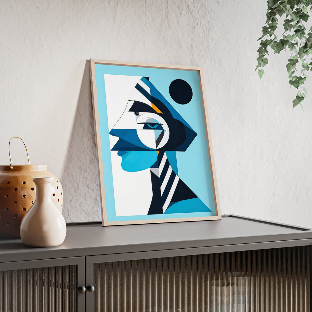 Abstract Geometric Portrait Poster with Wooden Frame — Blue Modern Wall Art