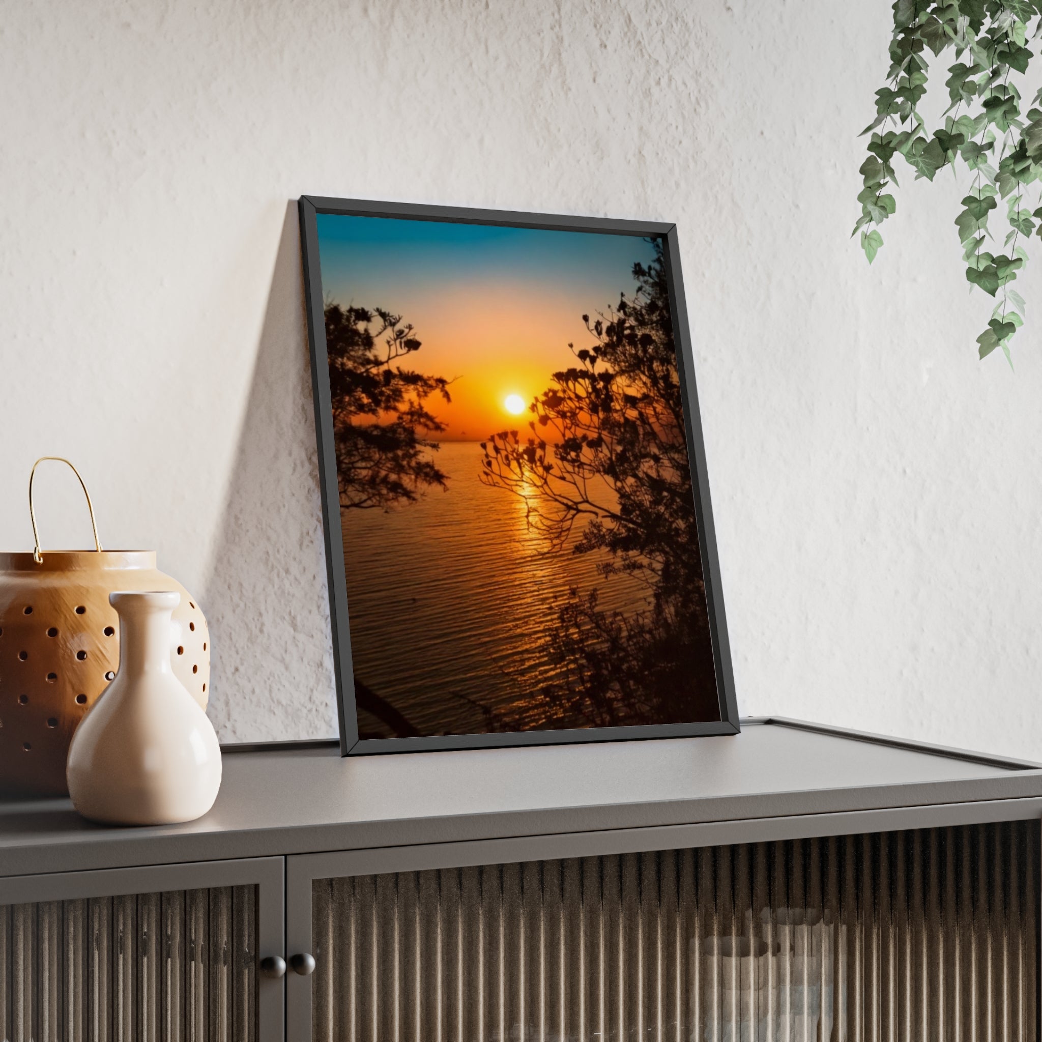 Sunset Coastal Poster with Wooden Frame — Framed Beach Wall Art