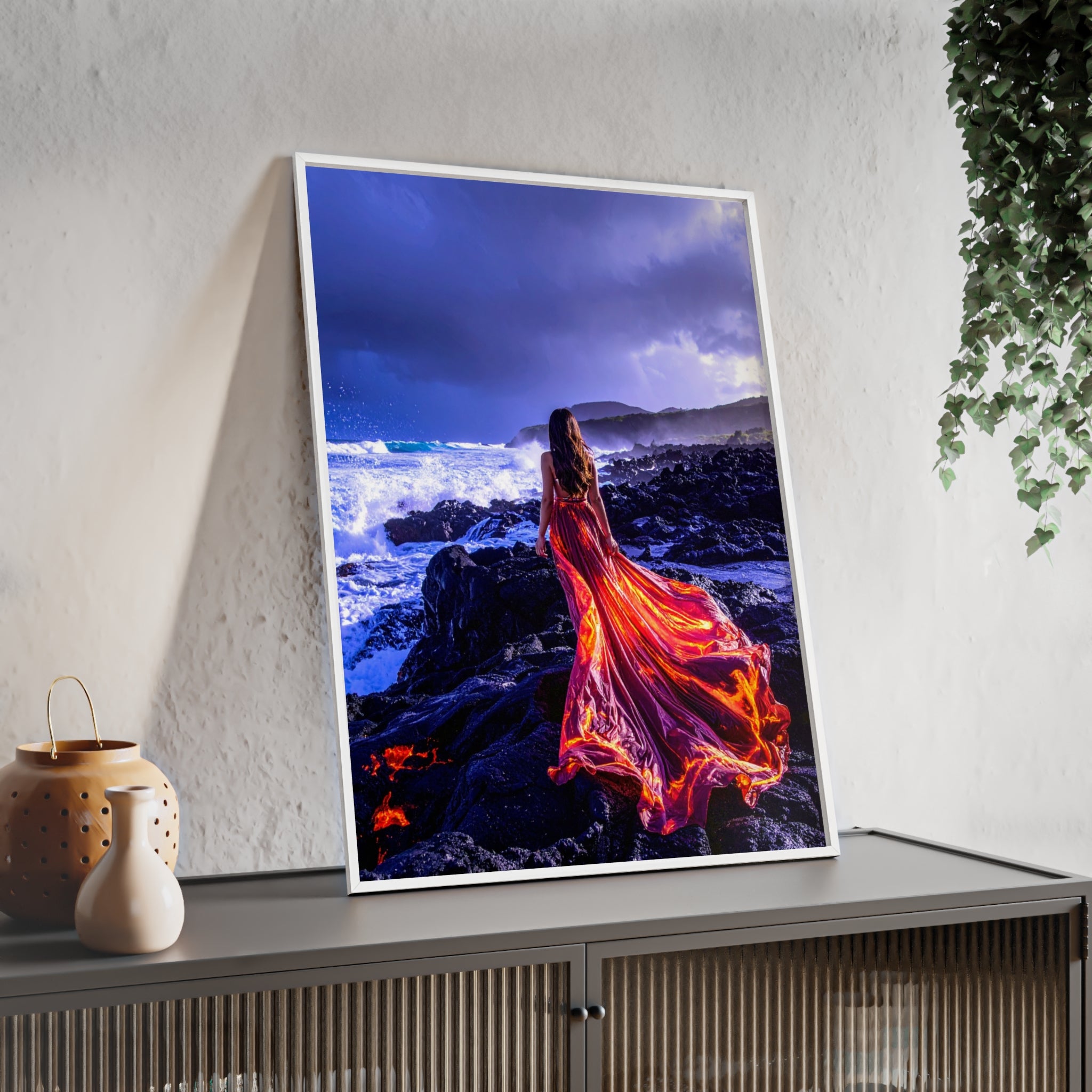 Framed Art Print — Woman in Fiery Red Dress on Rocky Shore (Wooden Frame Poster)