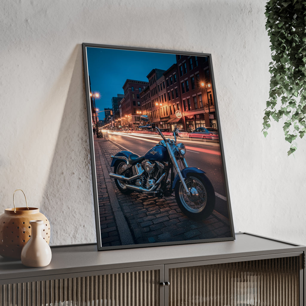 Framed Motorcycle Poster — Night City Street Bike Wall Art