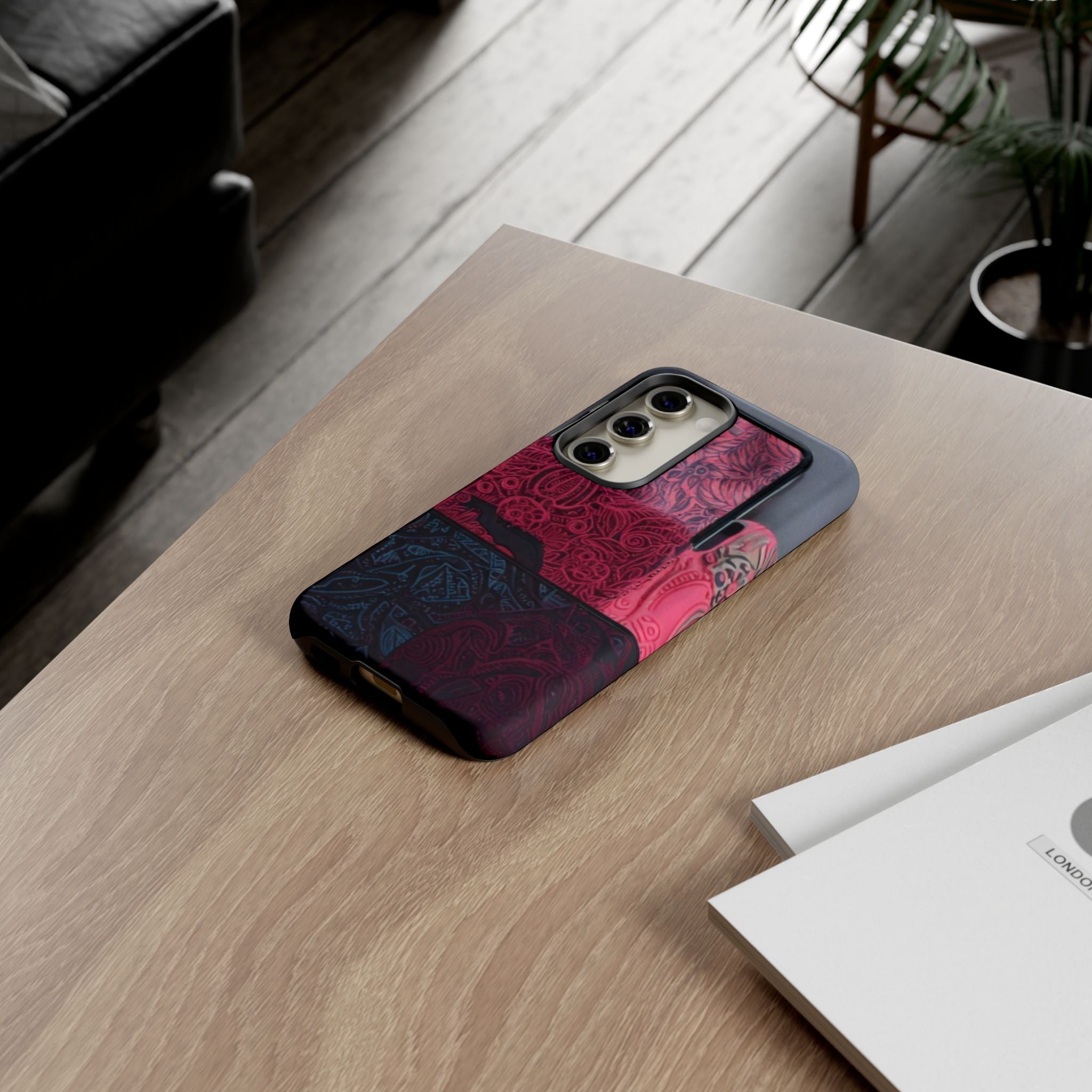 Floral Patchwork Tough Phone Case — Pink & Navy Doodle Design