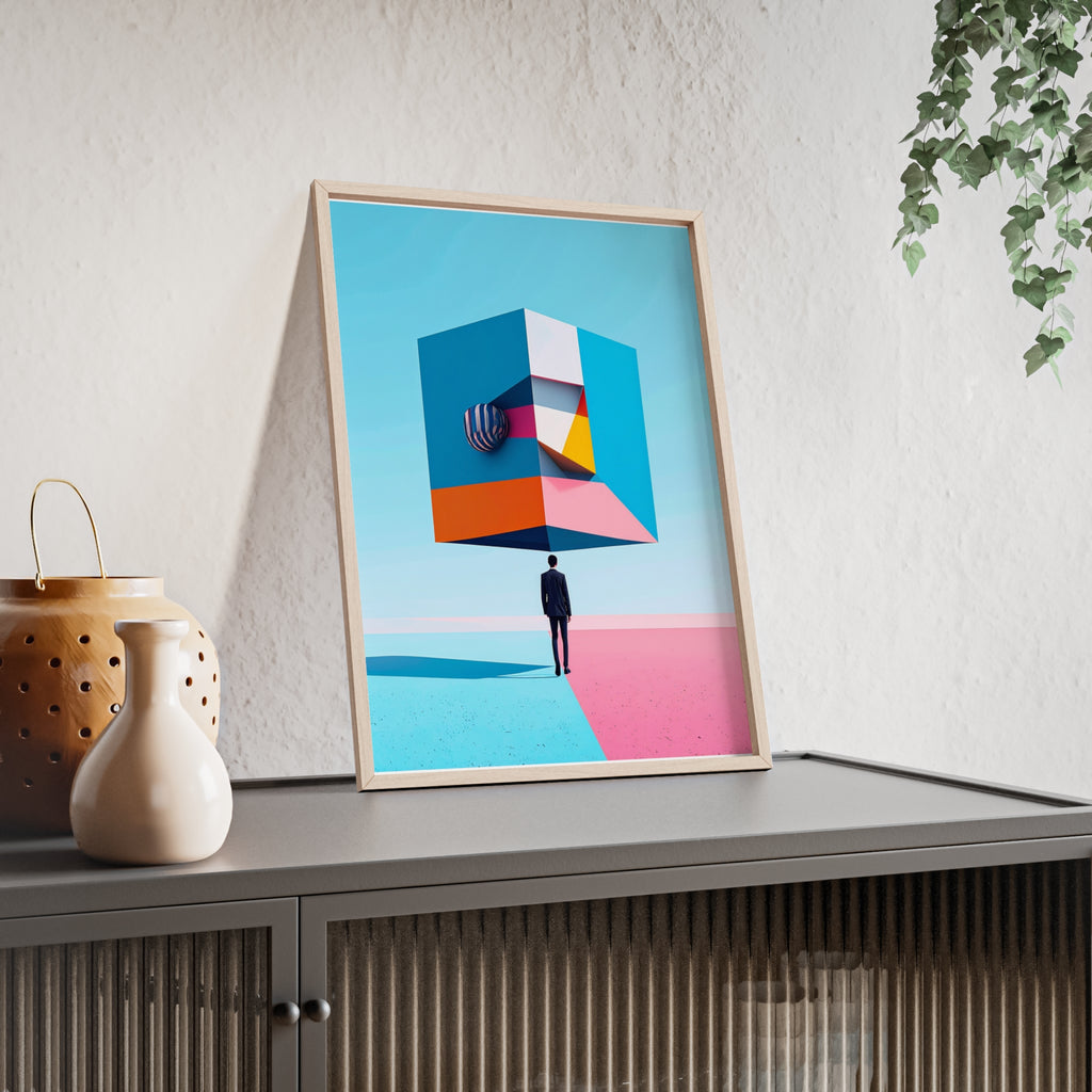 Surreal Geometric Art Poster with Wooden Frame — Modern Minimal Wall Decor