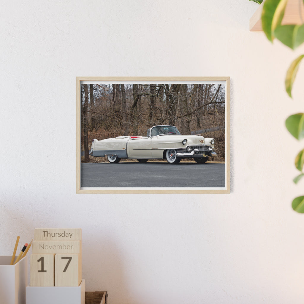 Vintage 1950s White Cadillac Poster with Wooden Frame - Classic Car Wall Art