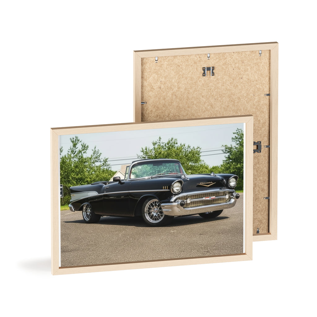 Classic Black 1957 Chevy Poster with Wooden Frame — Vintage Car Wall Art