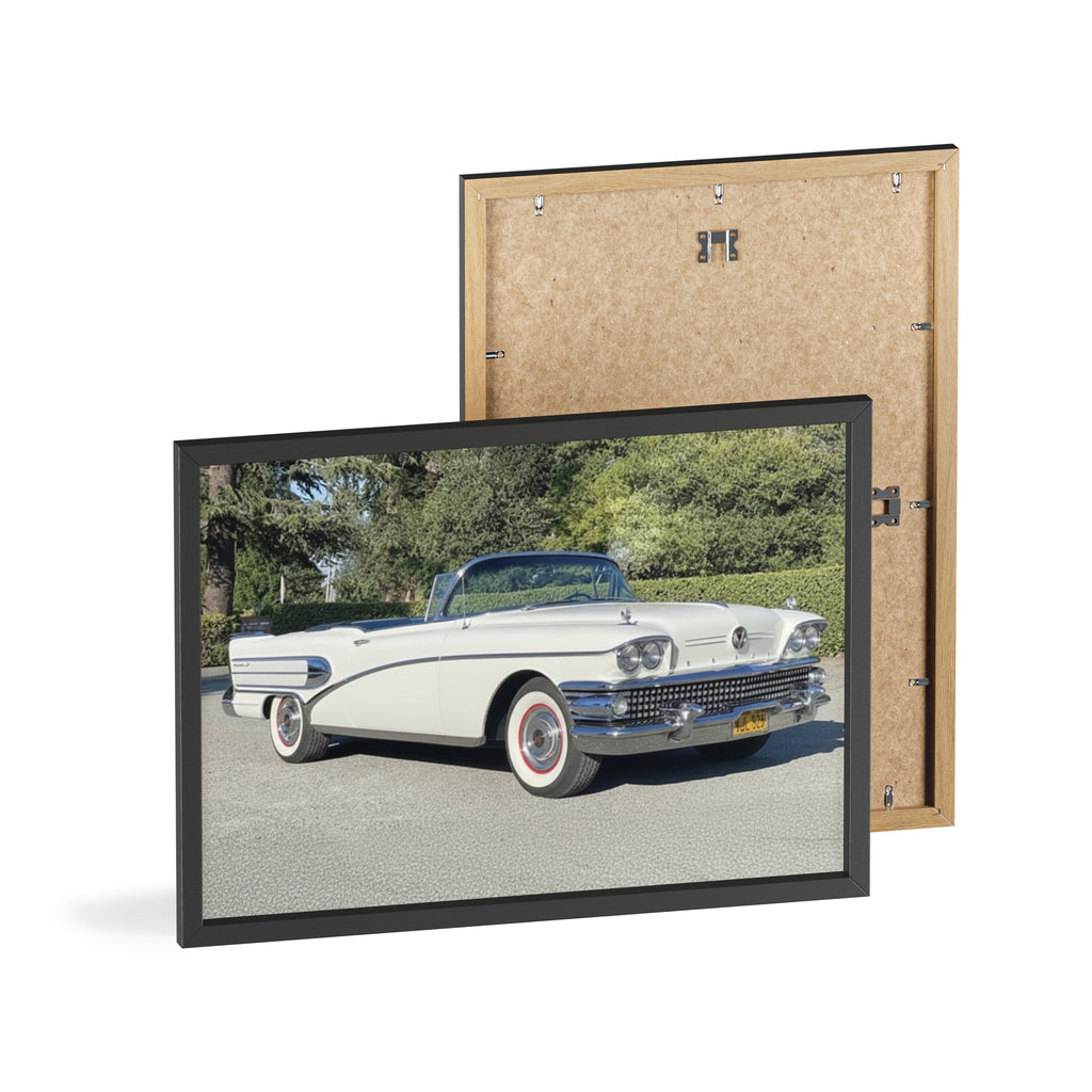 Classic White Convertible Car Poster with Wooden Frame — Vintage Auto Wall Art