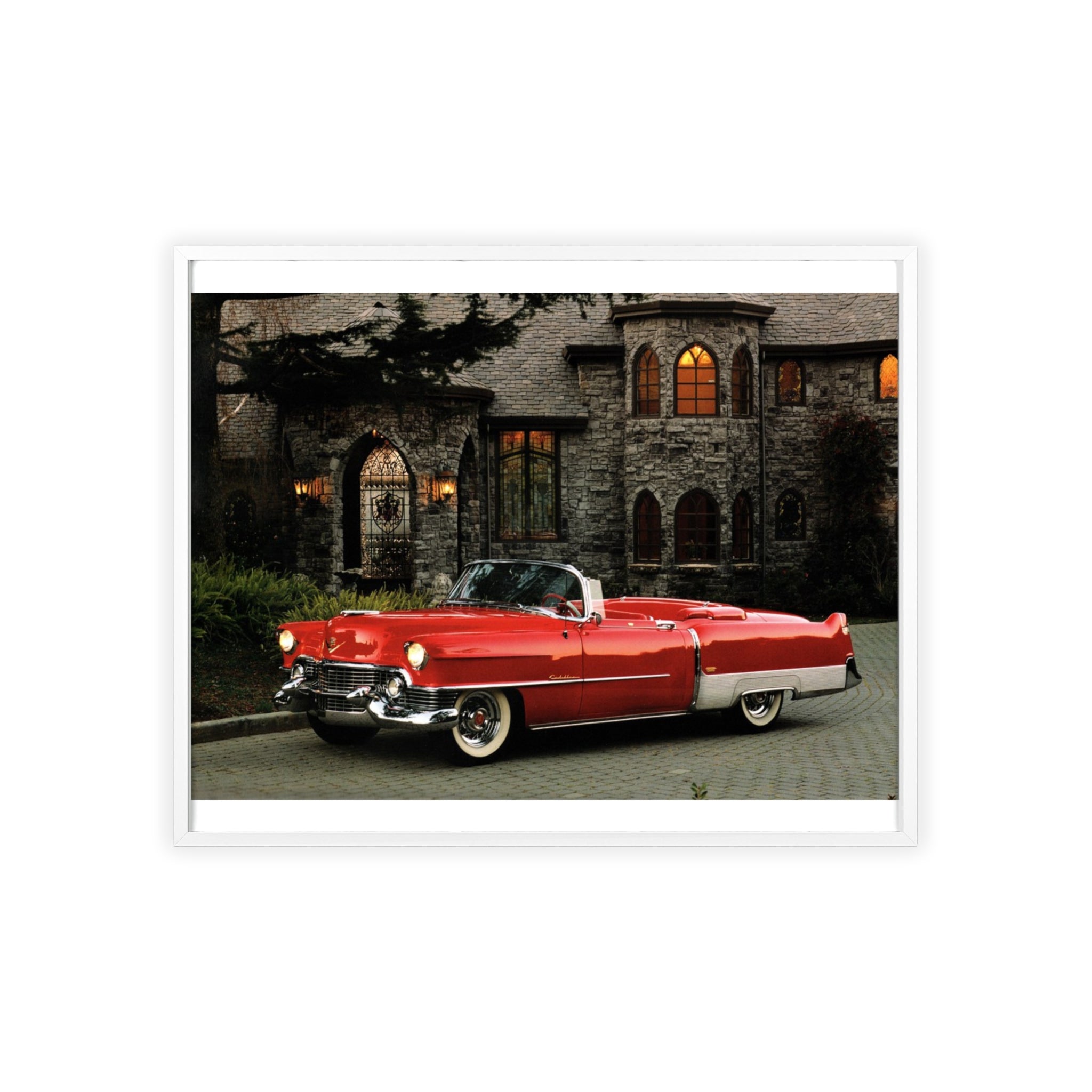 Vintage Red Convertible Poster with Wooden Frame — Classic Car Wall Art