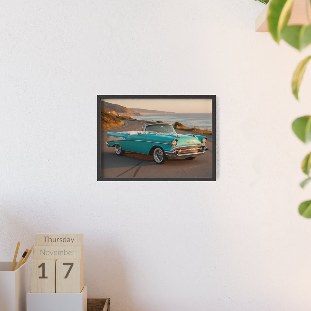 Vintage Teal Classic Car Poster with Wooden Frame — Coastal Road Print