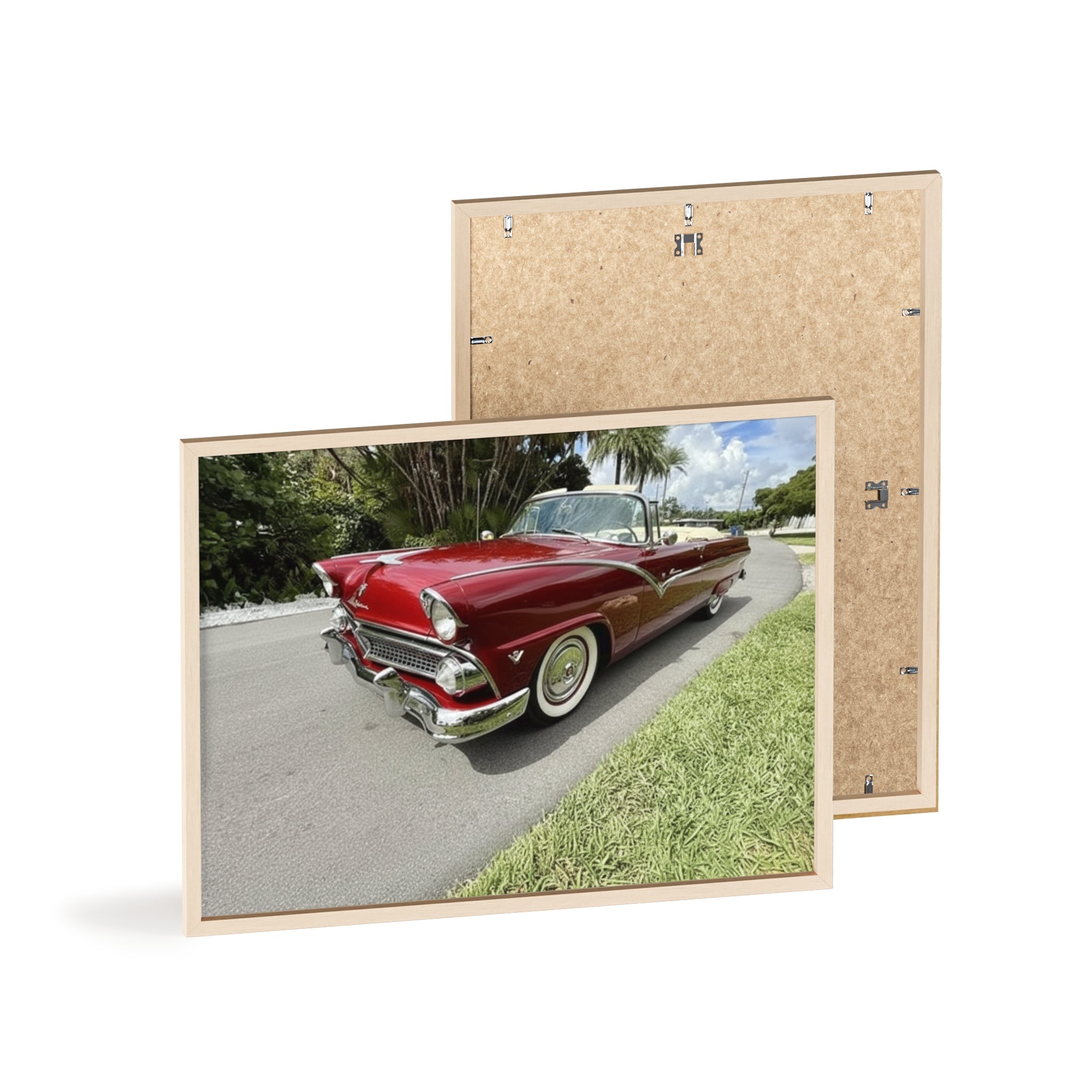 Vintage Red Convertible Poster with Wooden Frame — Classic Car Wall Art