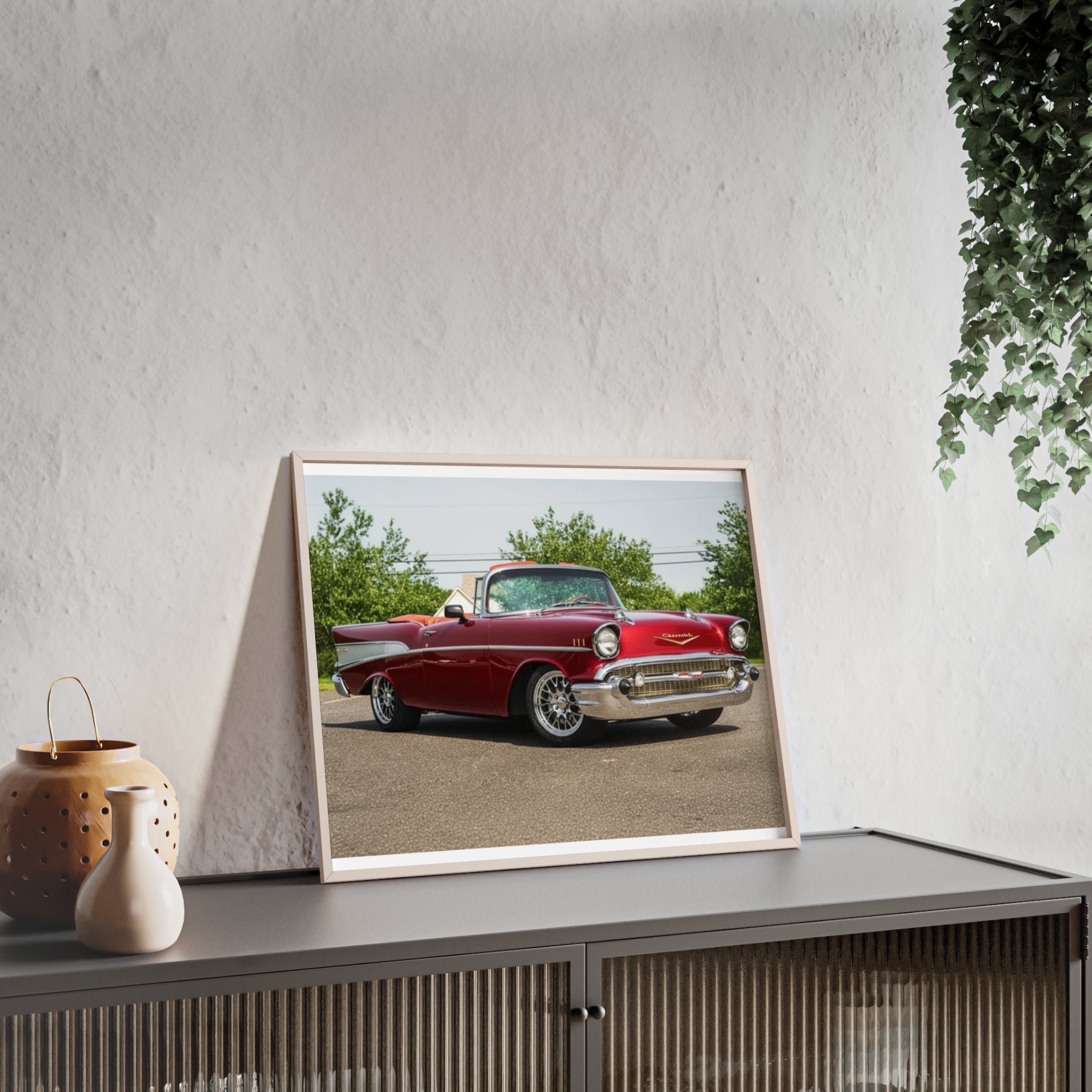 Vintage Red Classic Car Poster with Wooden Frame — Retro Automotive Wall Art