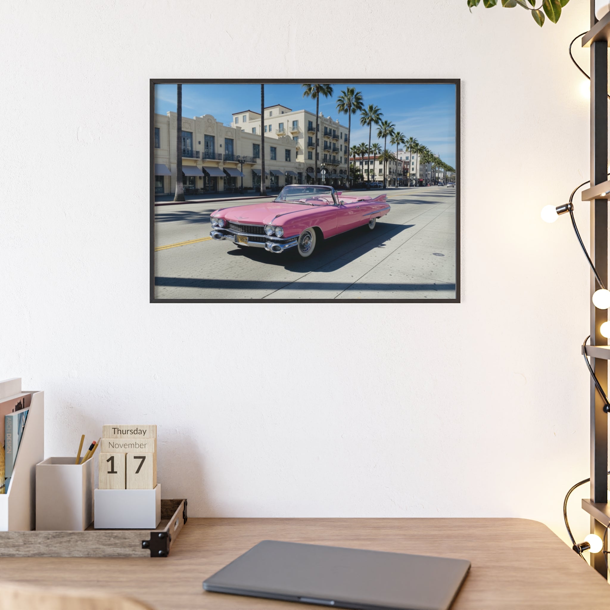 Retro Pink Cadillac Poster with Wooden Frame — Vintage Palm-Drive Wall Art