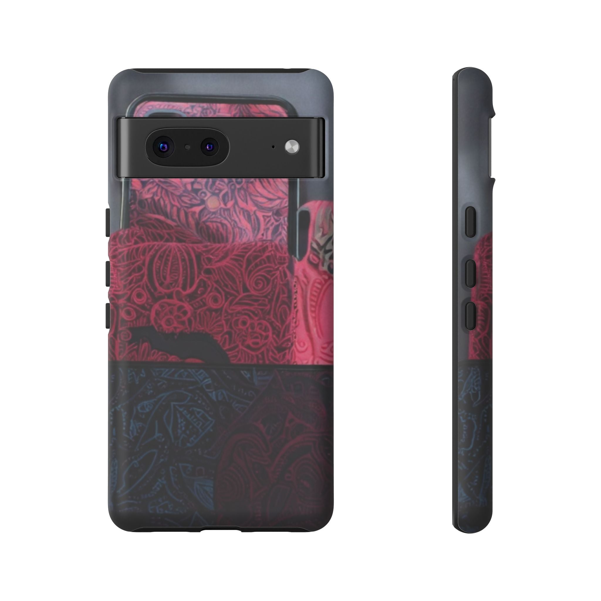 Floral Patchwork Tough Phone Case — Pink & Navy Doodle Design