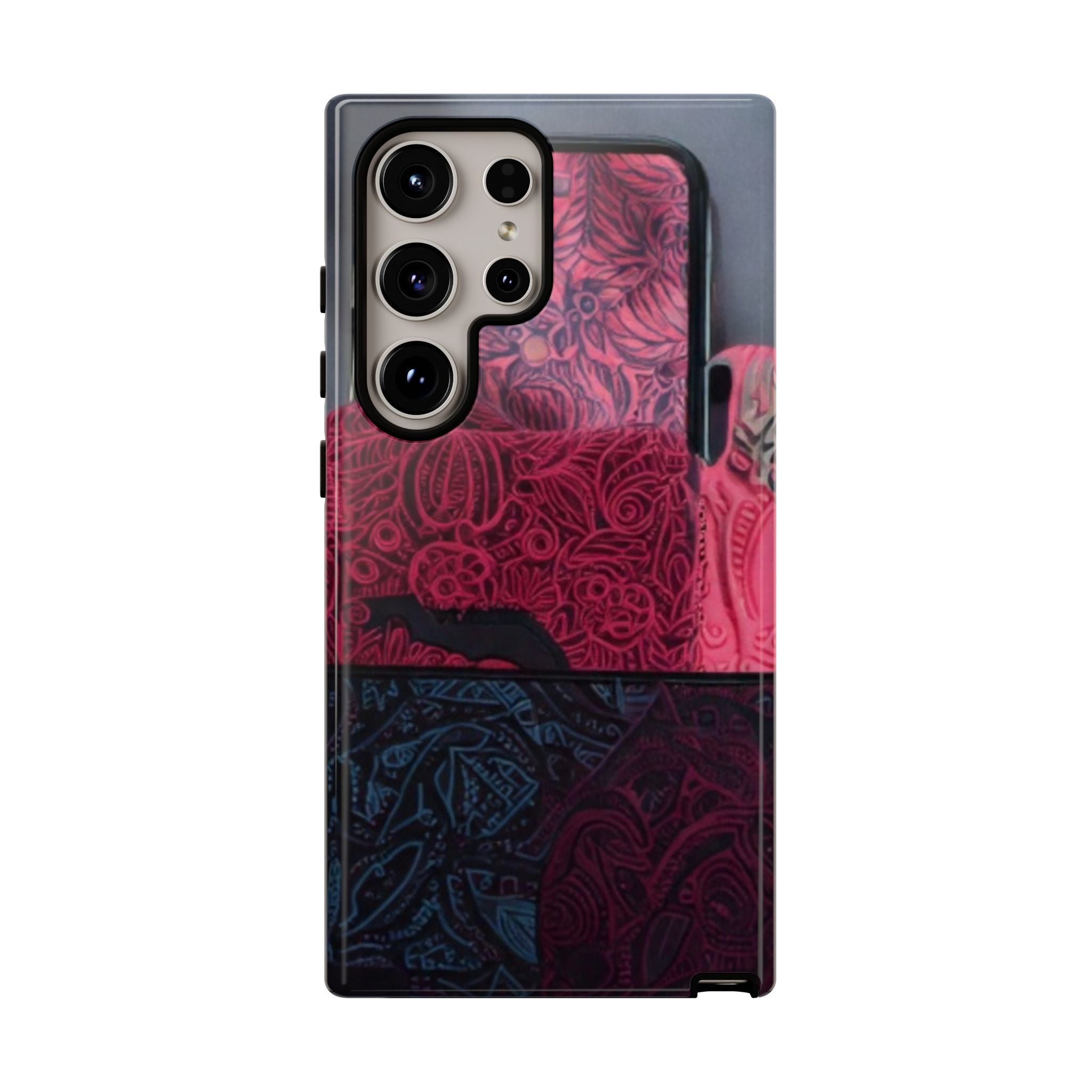 Floral Patchwork Tough Phone Case — Pink & Navy Doodle Design