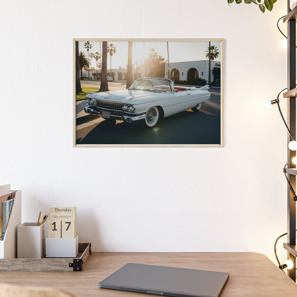 Vintage Cadillac Convertible Poster with Wooden Frame — Retro Palm Trees Sunset Wall Art