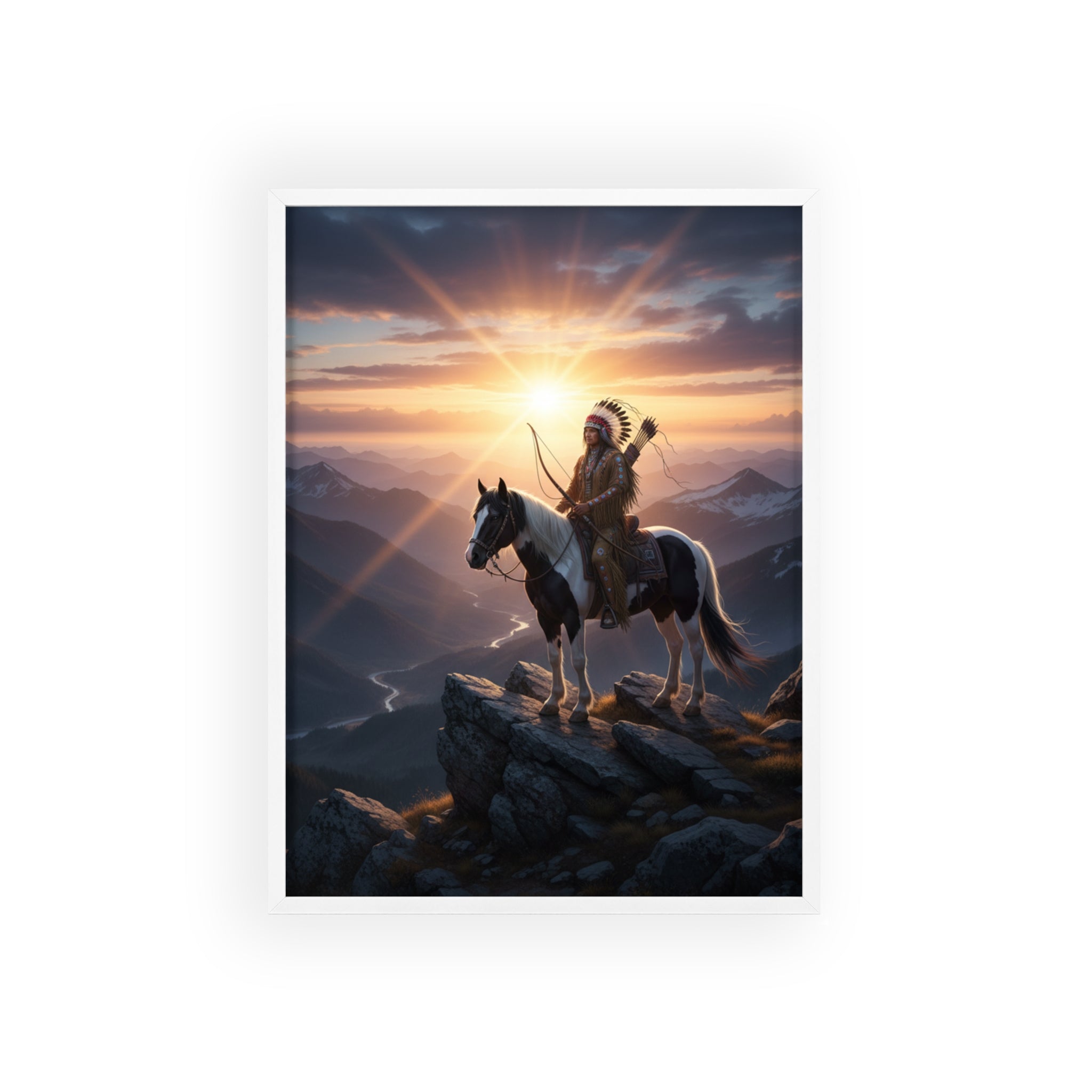 Native American Warrior on Horse Framed Poster — Scenic Sunrise Wall Art