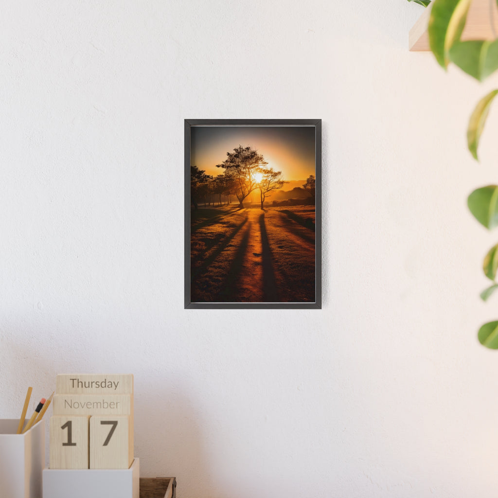 Sunrise Forest Poster — Framed Wooden Wall Art (Sunlit Trees)