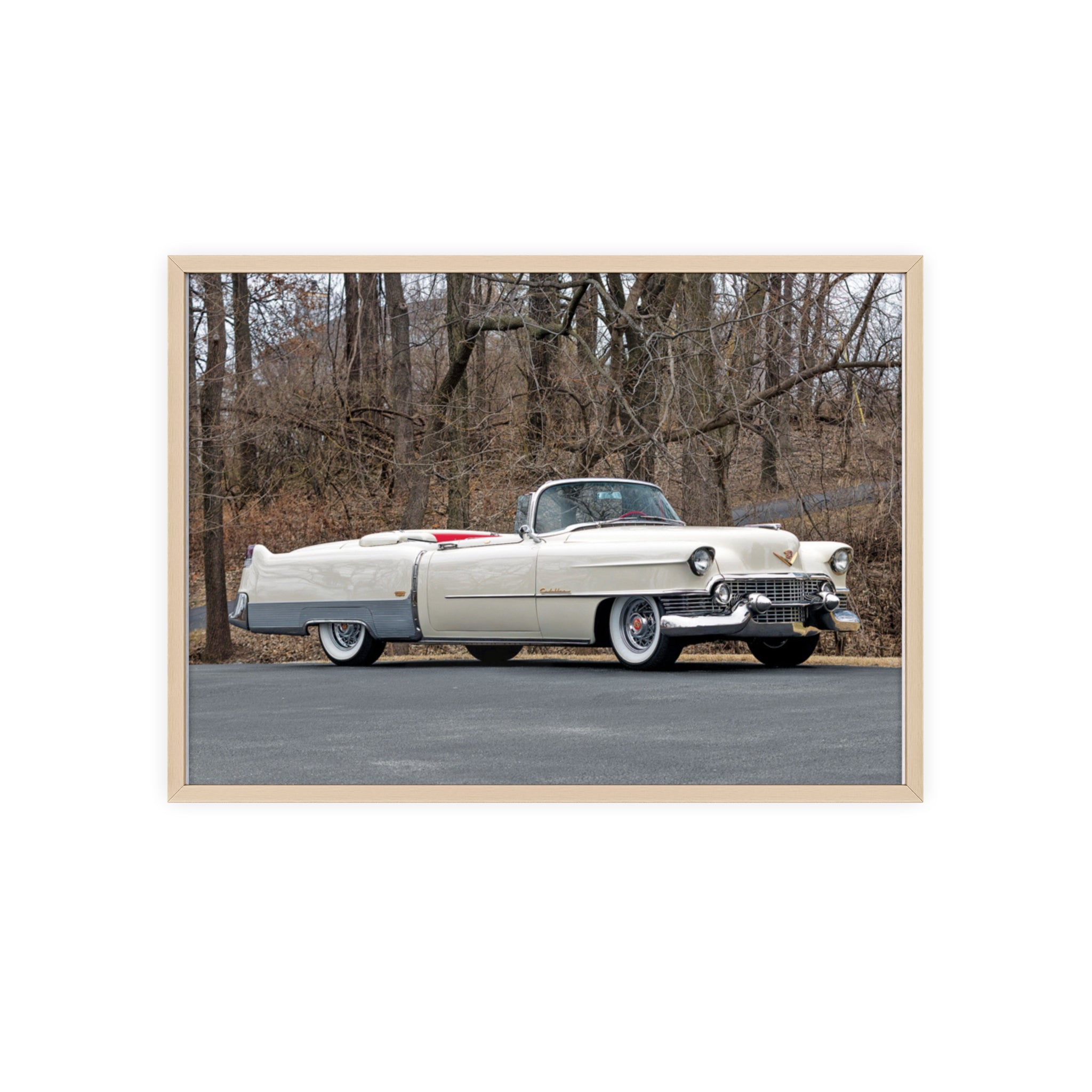 Vintage 1950s White Cadillac Poster with Wooden Frame - Classic Car Wall Art