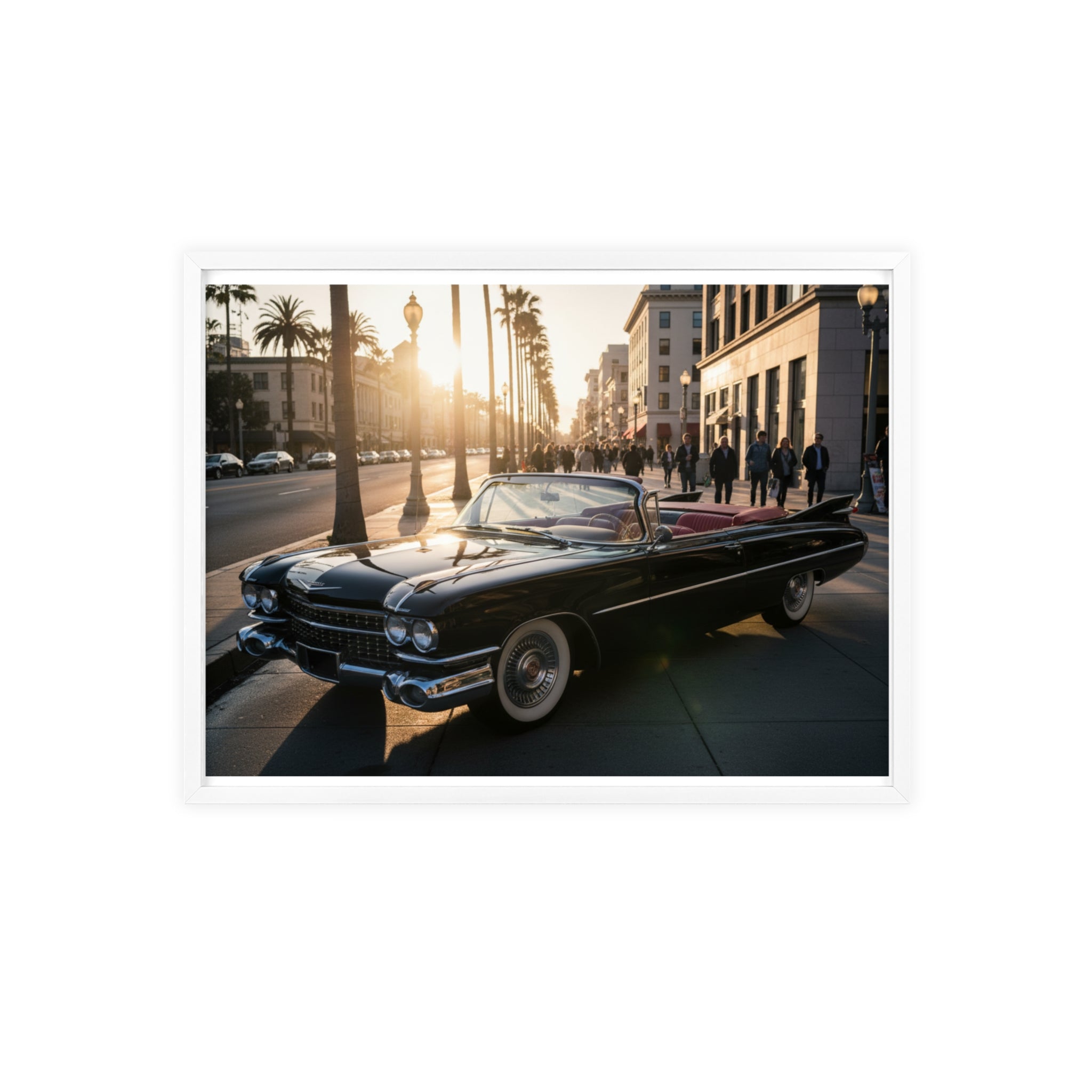 Vintage Convertible Sunset Poster with Wooden Frame