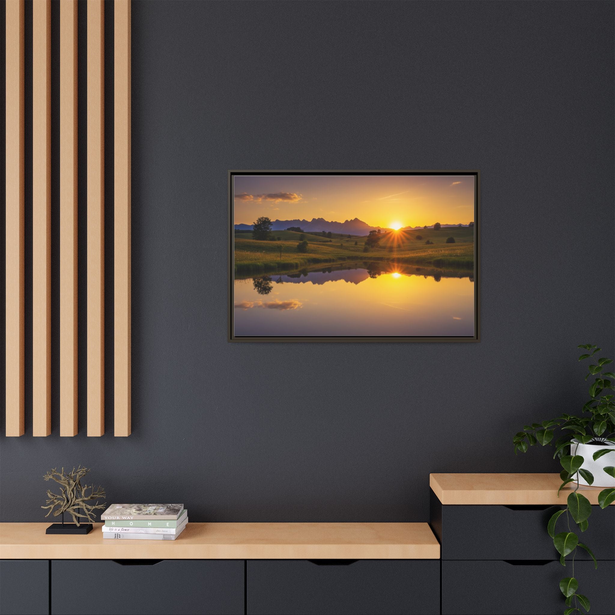 Framed Matte Canvas Sunset Landscape — Serene Lake Reflection Wall Art
