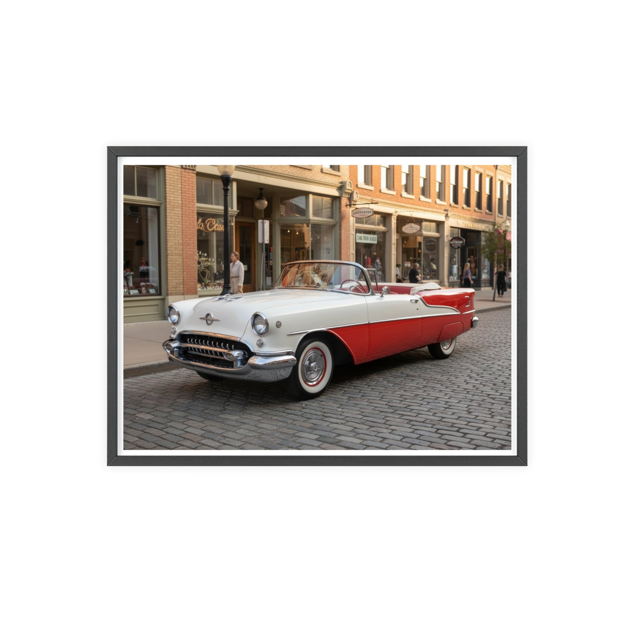Vintage Red & White Convertible Poster with Wooden Frame — Retro Car Wall Art