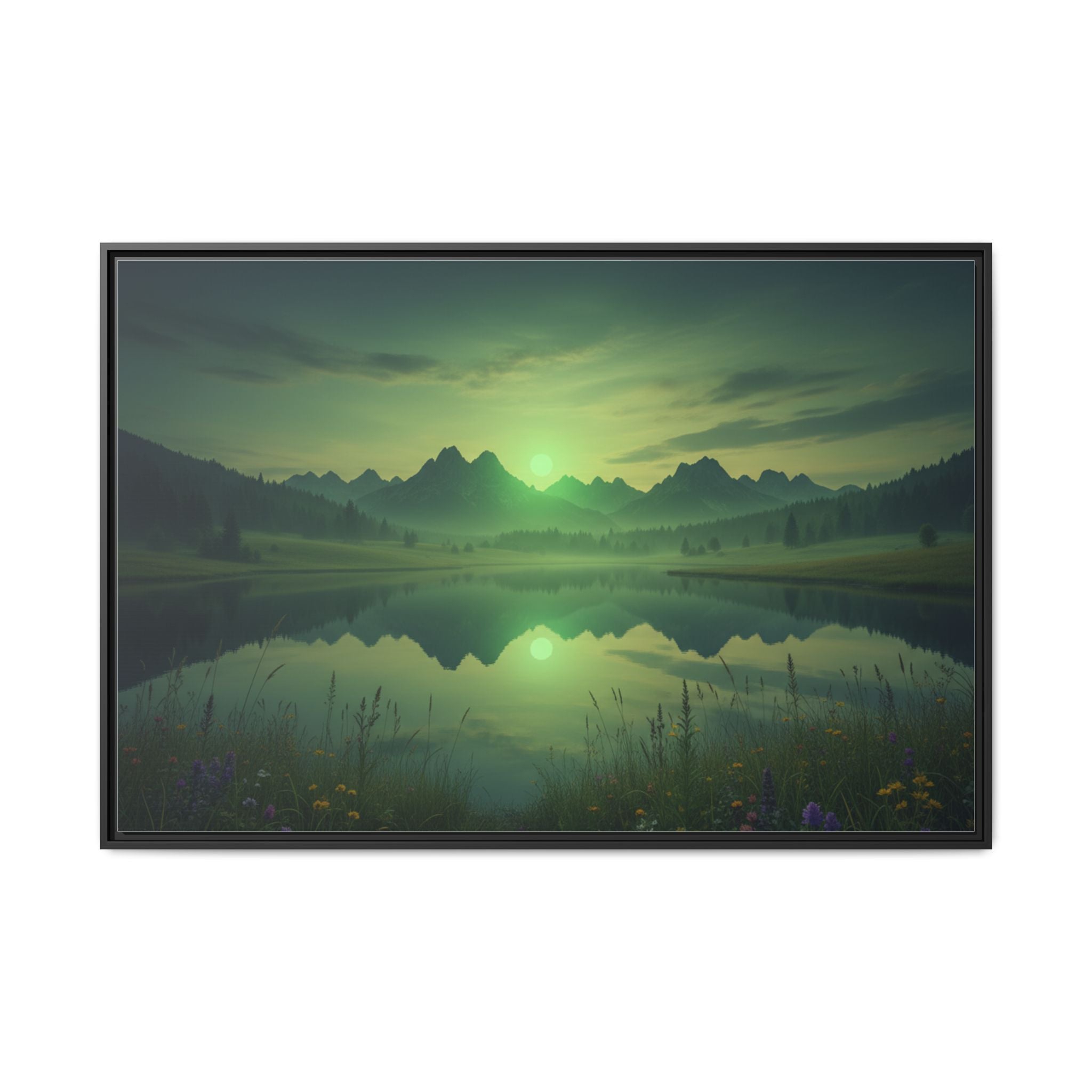 Framed Matte Canvas Print — Serene Green Mountain Lake Landscape