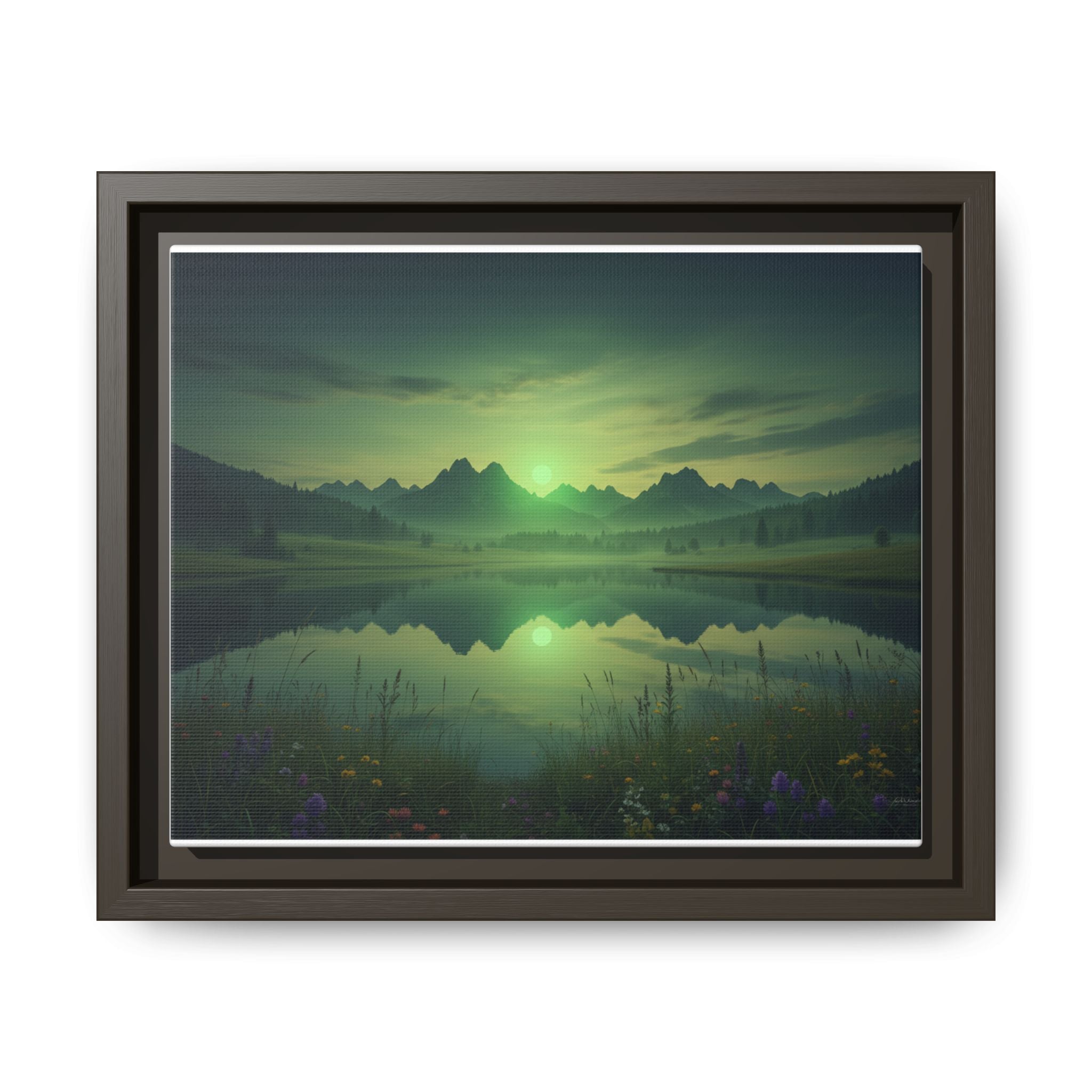 Framed Matte Canvas Print — Serene Green Mountain Lake Landscape