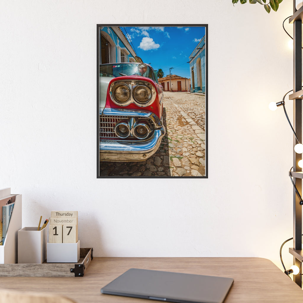 Vintage Classic Car Poster with Wooden Frame — Retro Cuba Street Photography Wall Art