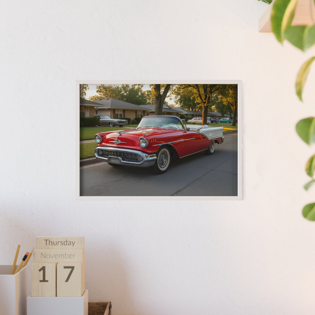 Vintage Red Convertible Poster with Wooden Frame — Classic Car Wall Art