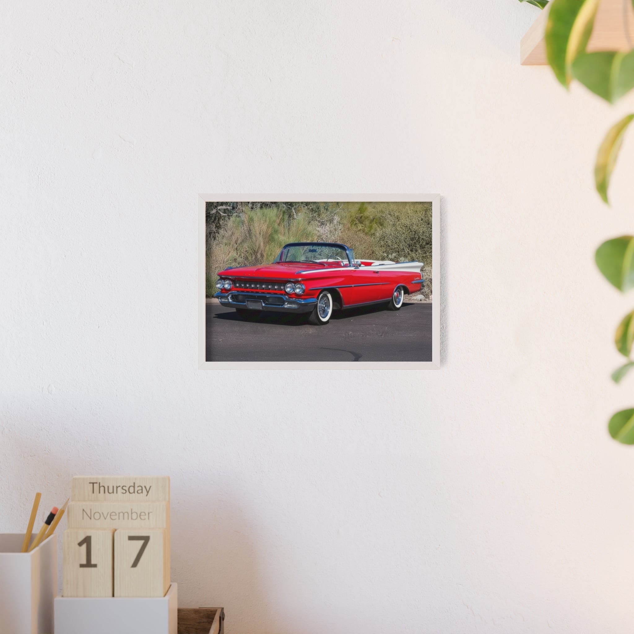 Vintage Red Convertible Car Poster with Wooden Frame — Classic Auto Wall Art