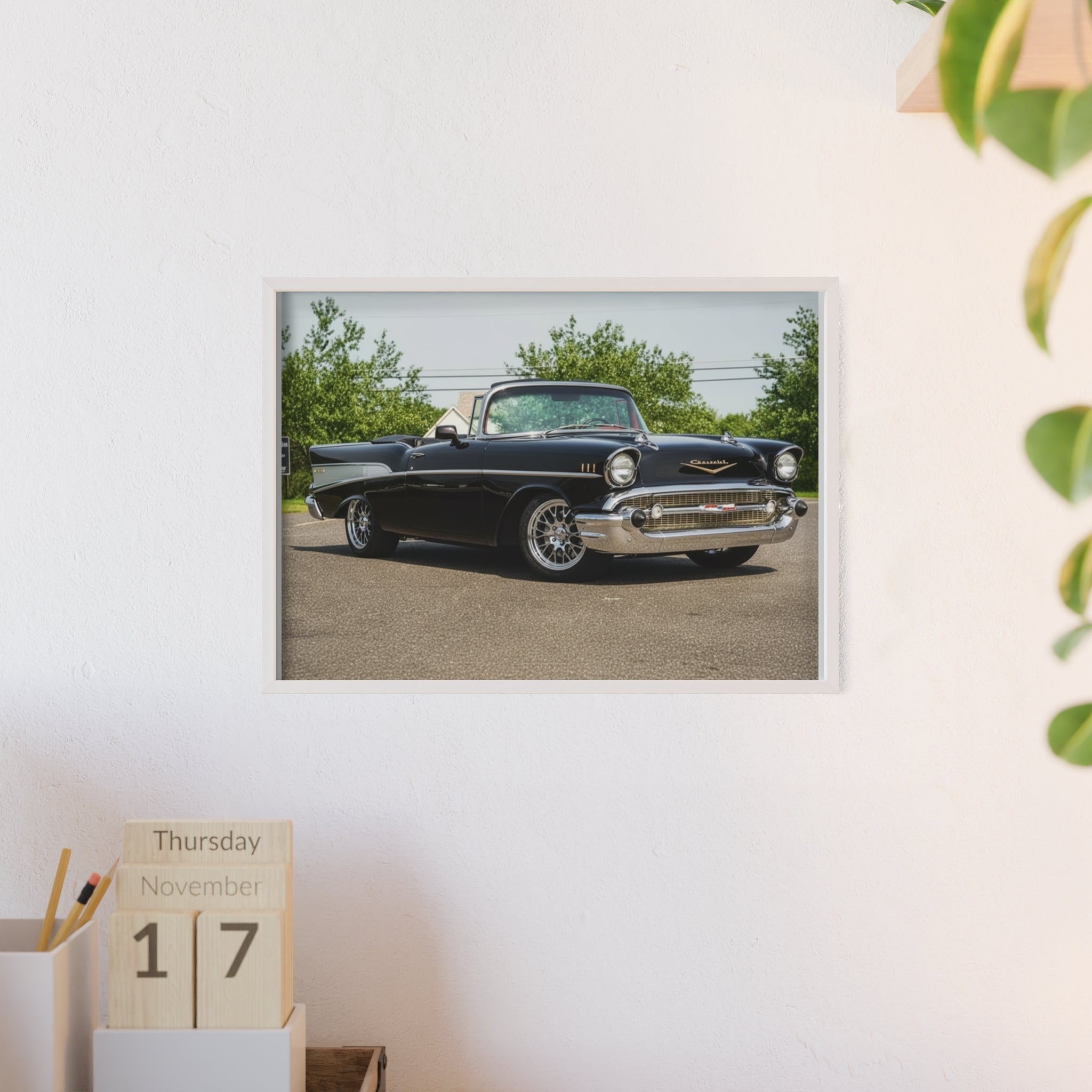 Classic Black 1957 Chevy Poster with Wooden Frame — Vintage Car Wall Art