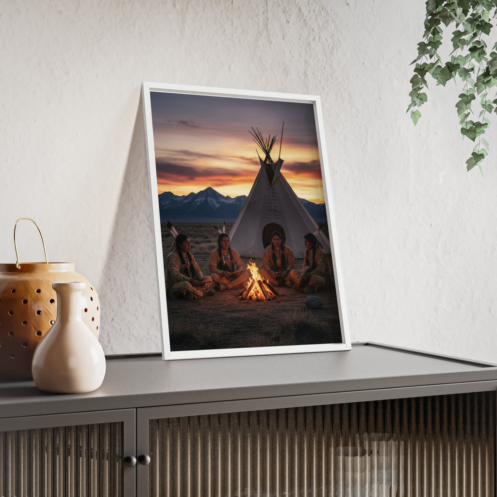 Framed Campfire Teepee Poster — Native Gathering Wall Art