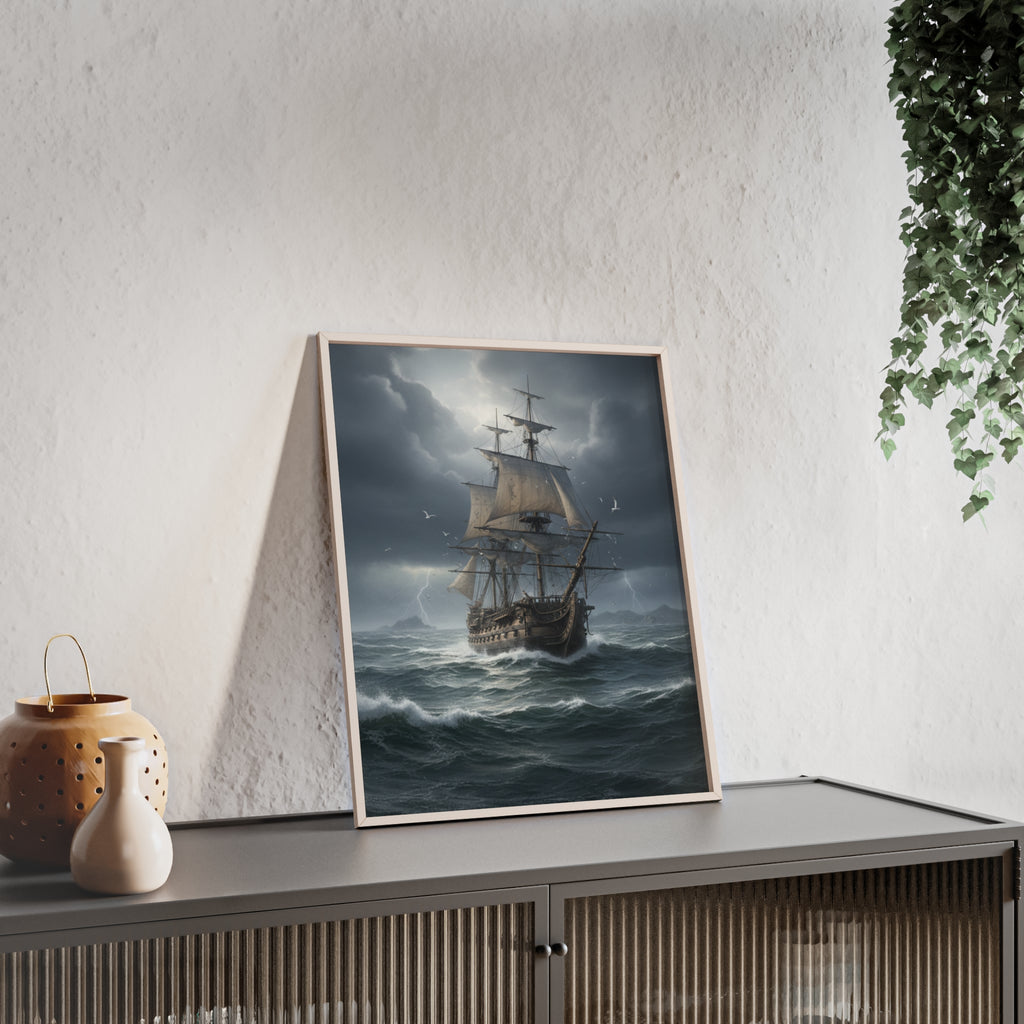 Framed Stormy Sea Ship Poster — Nautical Wall Art with Wooden Frame