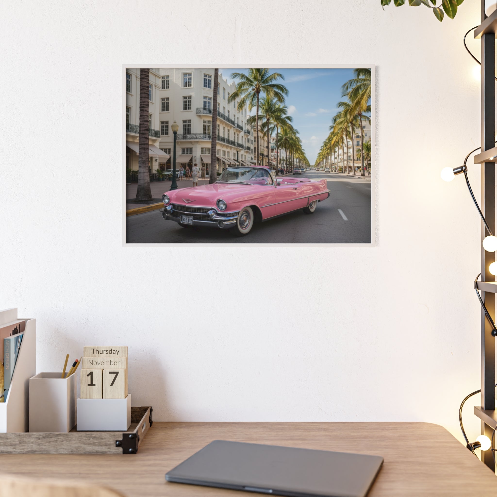 Vintage Pink Cadillac Wall Poster with Wooden Frame — Retro Miami Palm Street Photography