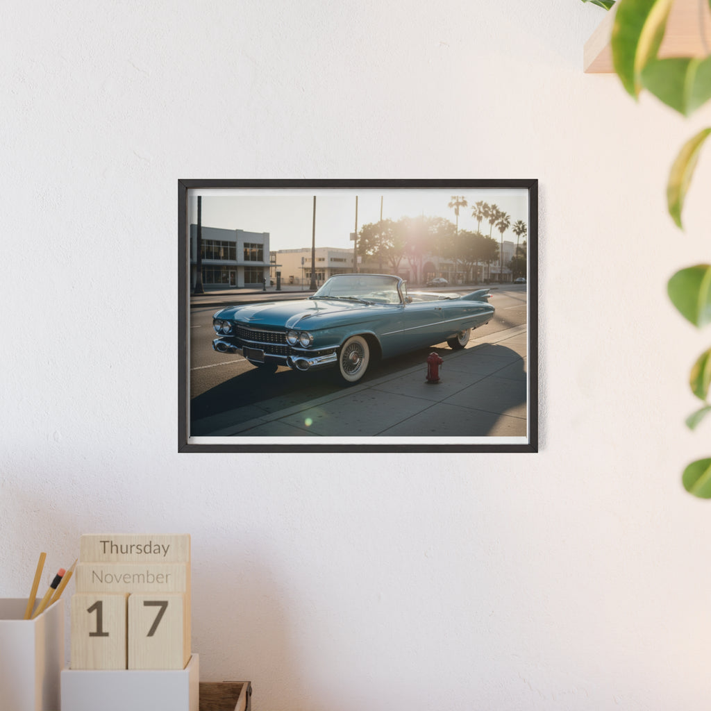 Vintage Blue Cadillac Poster with Wooden Frame – Retro Car Wall Art