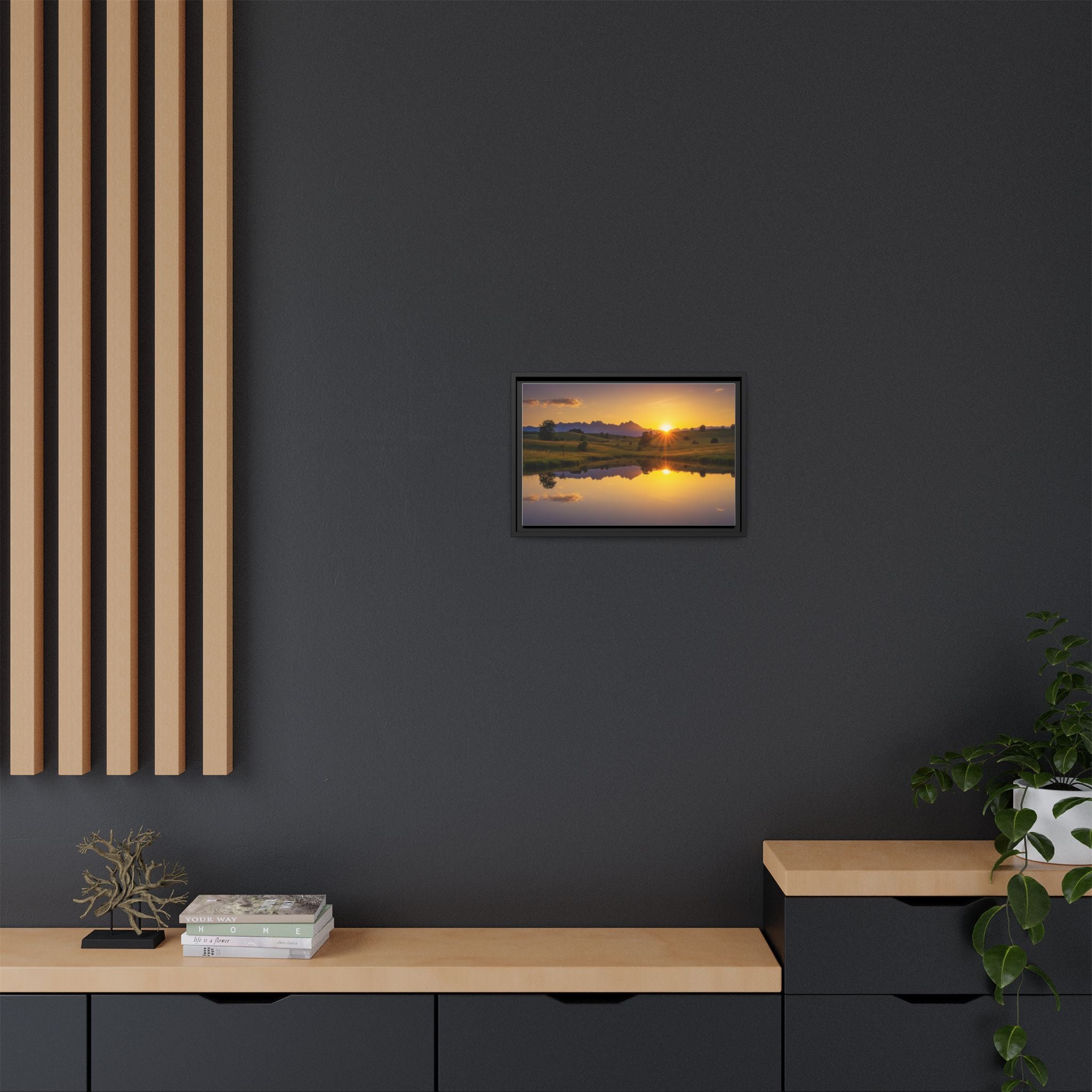 Framed Matte Canvas Sunset Landscape — Serene Lake Reflection Wall Art