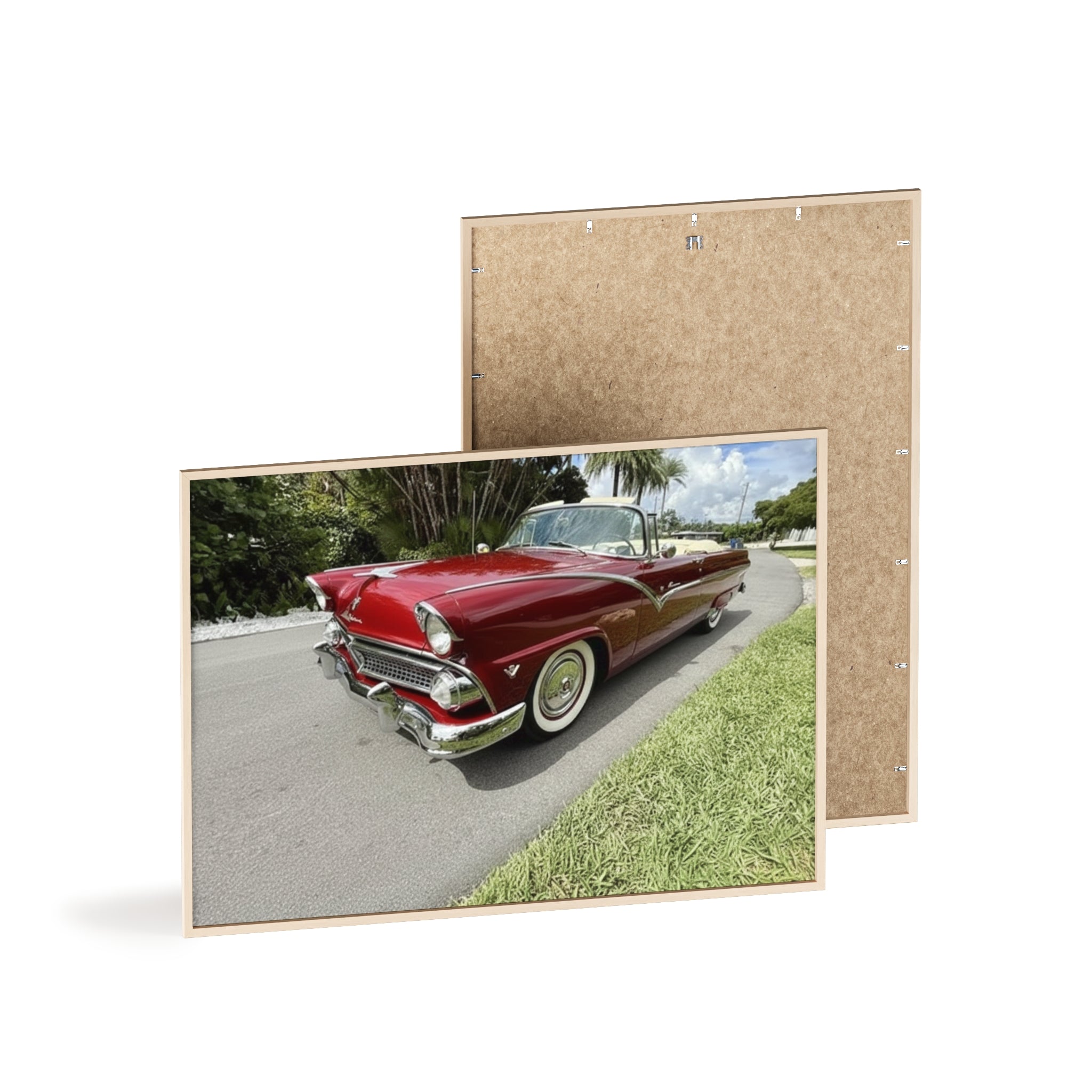 Vintage Red Convertible Poster with Wooden Frame — Classic Car Wall Art