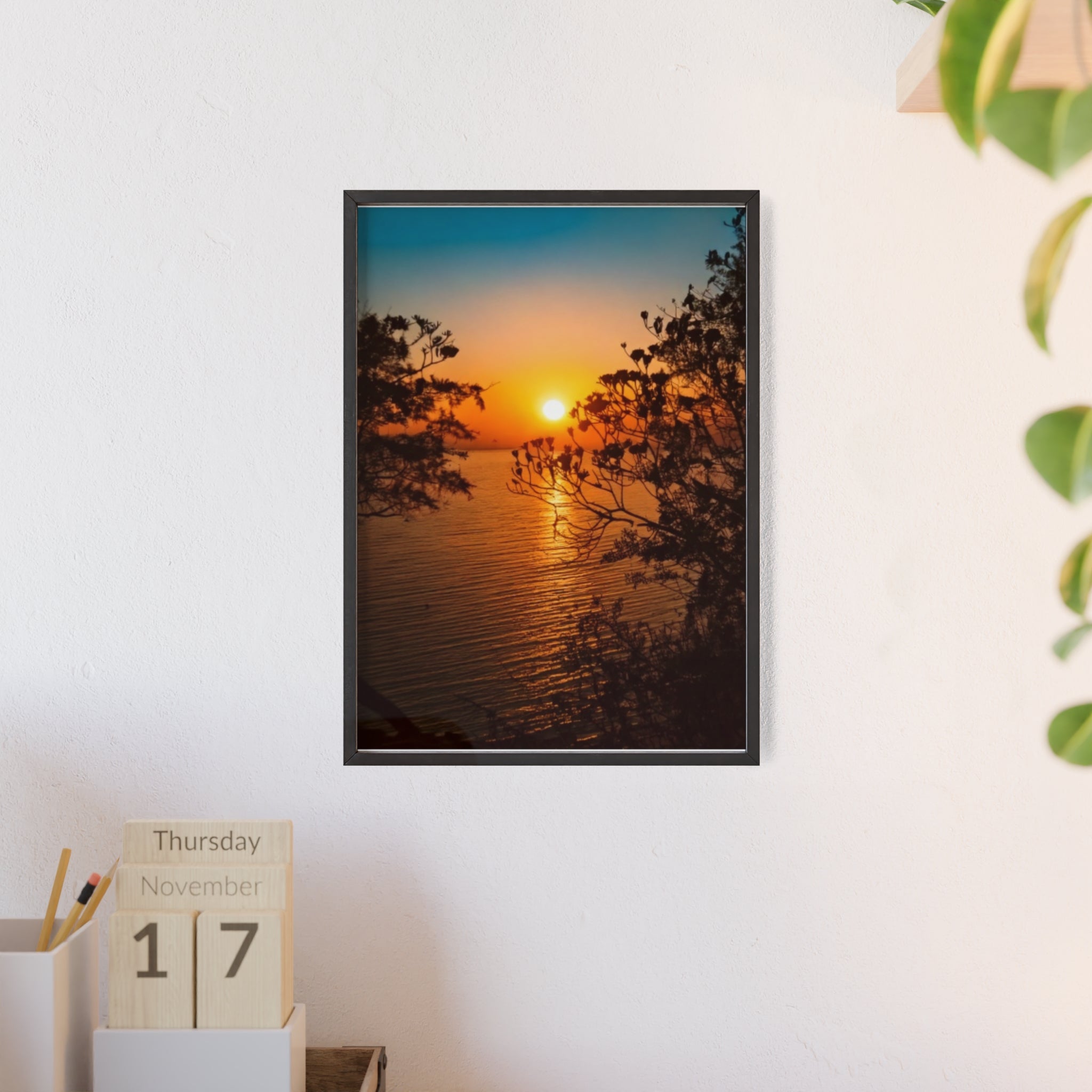 Sunset Coastal Poster with Wooden Frame — Framed Beach Wall Art