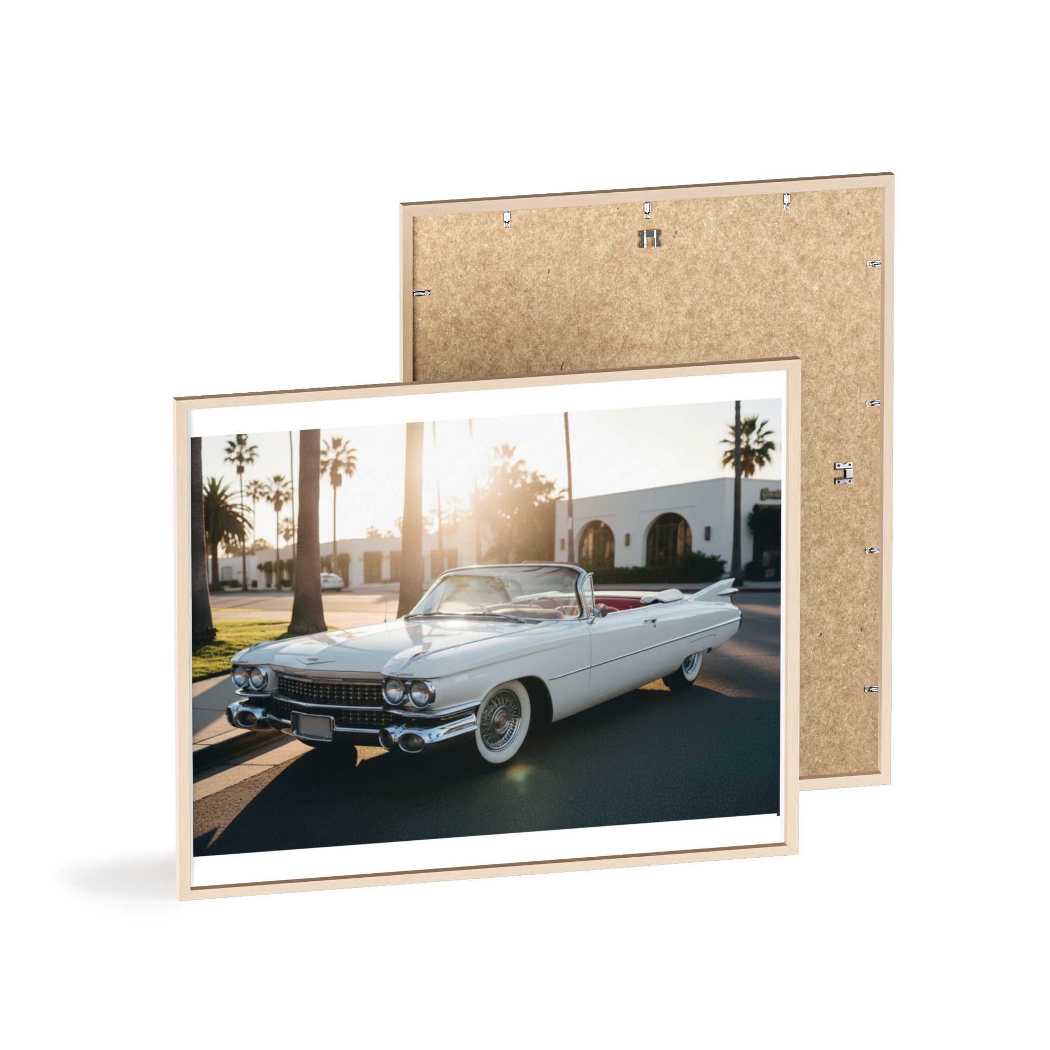 Vintage Cadillac Convertible Poster with Wooden Frame — Retro Palm Trees Sunset Wall Art