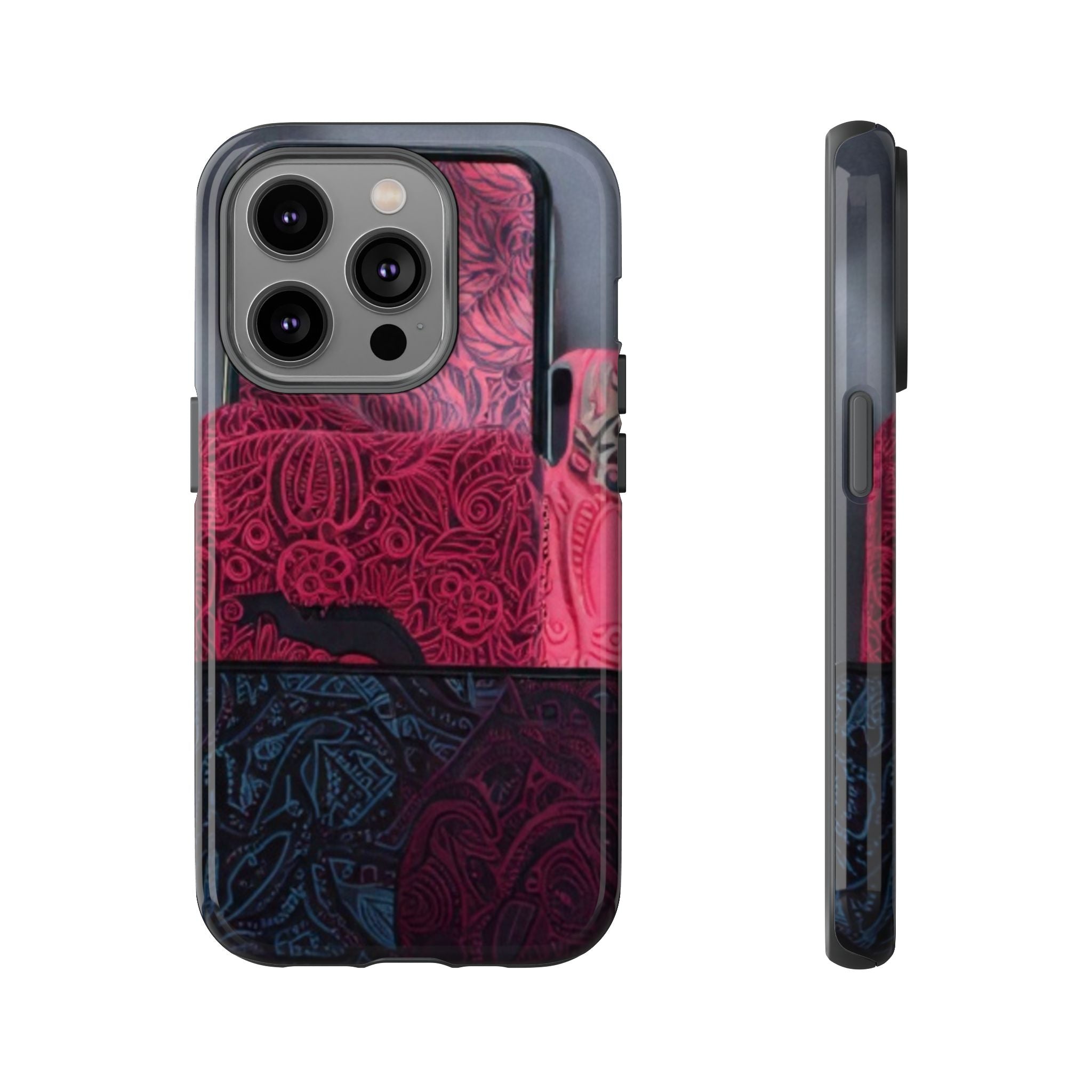 Floral Patchwork Tough Phone Case — Pink & Navy Doodle Design
