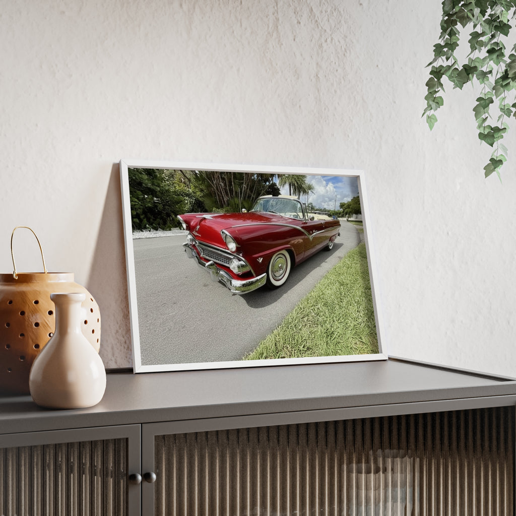 Vintage Red Convertible Poster with Wooden Frame — Classic Car Wall Art