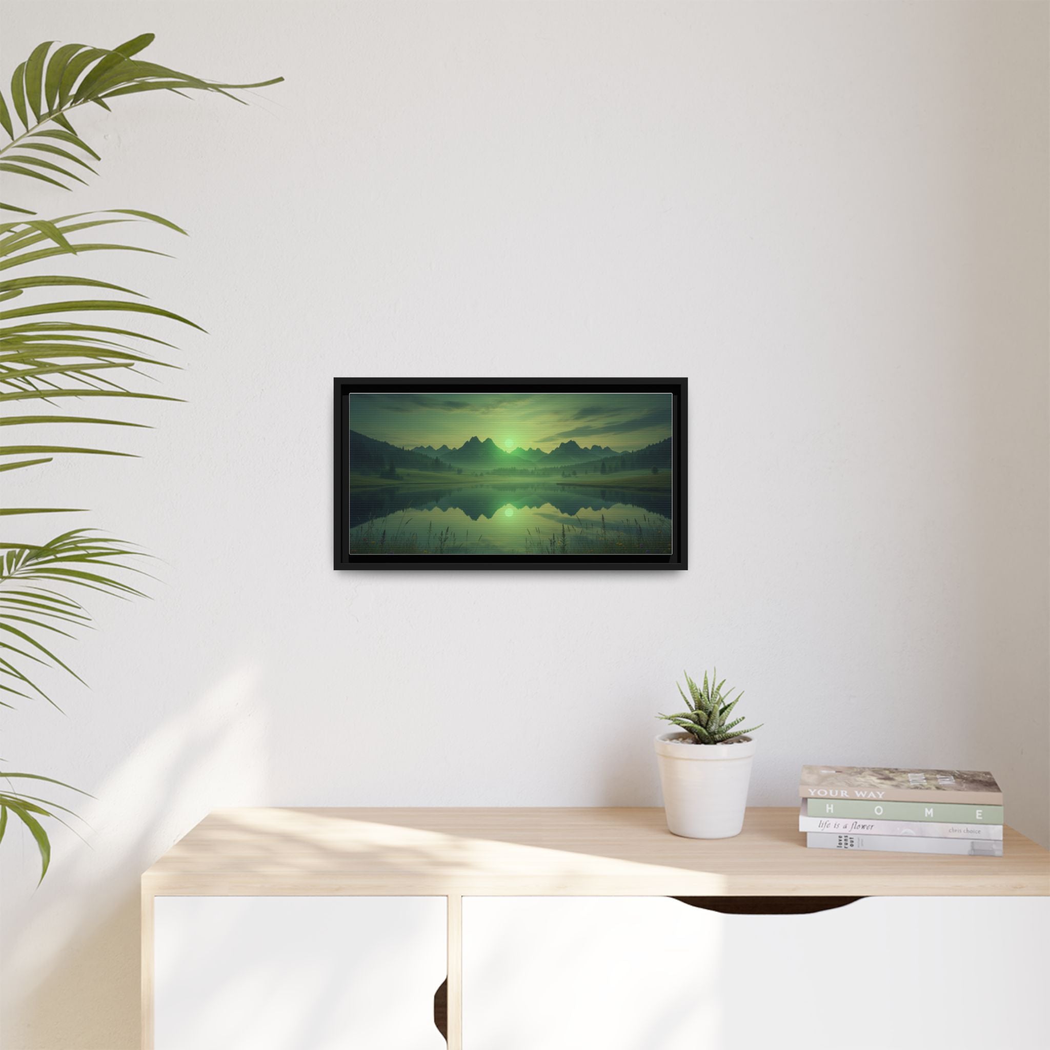 Framed Matte Canvas Print — Serene Green Mountain Lake Landscape