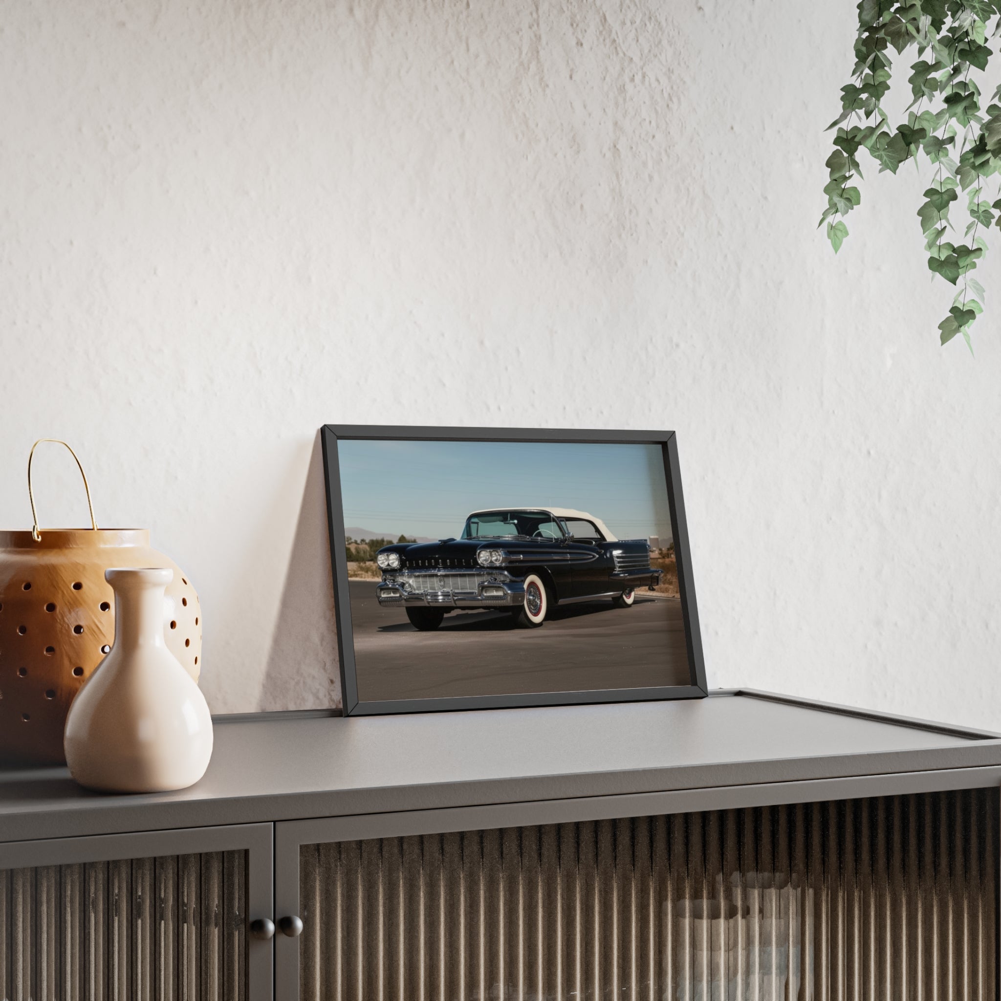 Vintage Black Classic Car Poster with Wooden Frame — Retro Automobile Wall Art