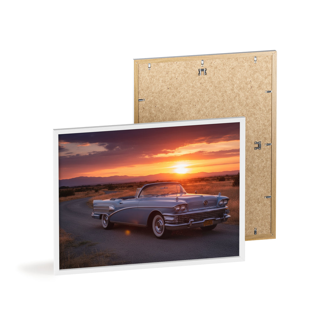 Vintage Convertible Sunset Poster with Wooden Frame