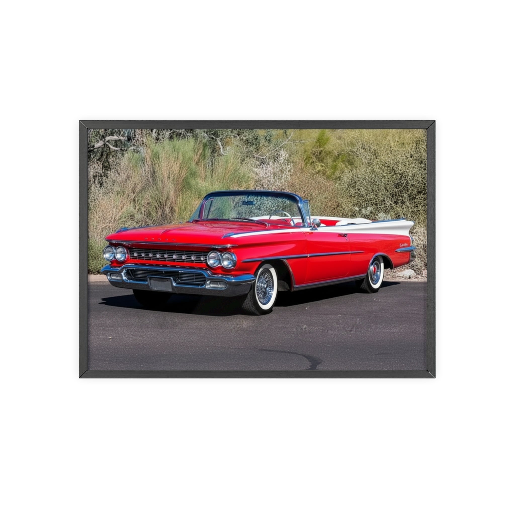 Vintage Red Convertible Car Poster with Wooden Frame — Classic Auto Wall Art
